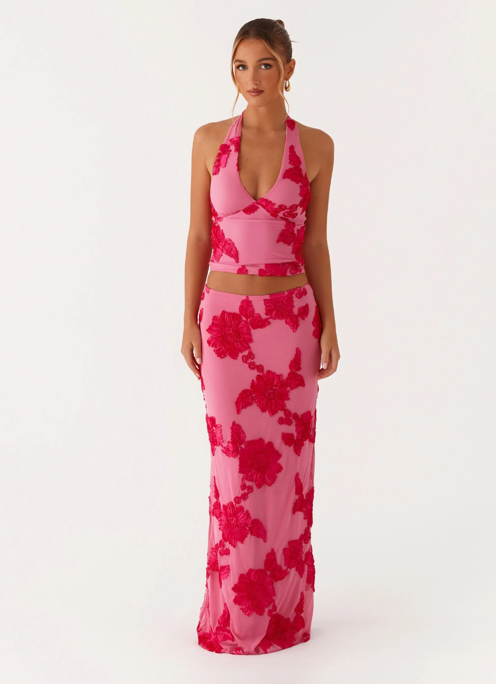 Mix Texture Crisp Fit Radiate Maxi Skirt - Pink
