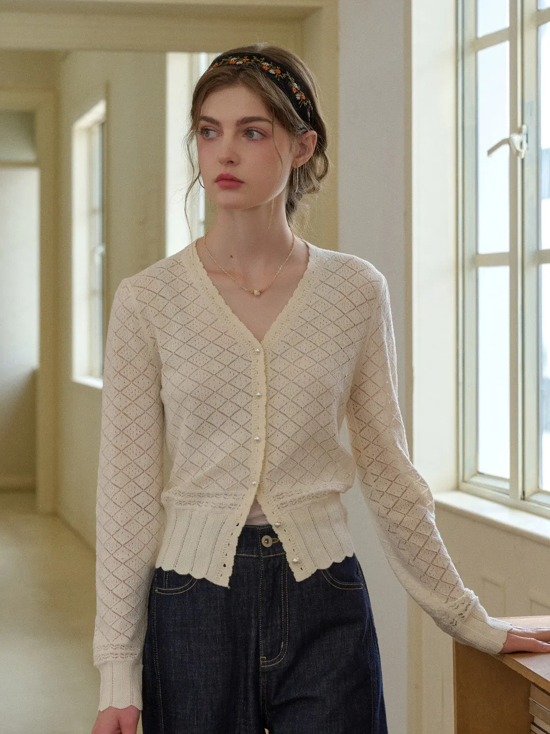 Raelyn V-Neck Texture Cotton Cardigan PaddedInsulation