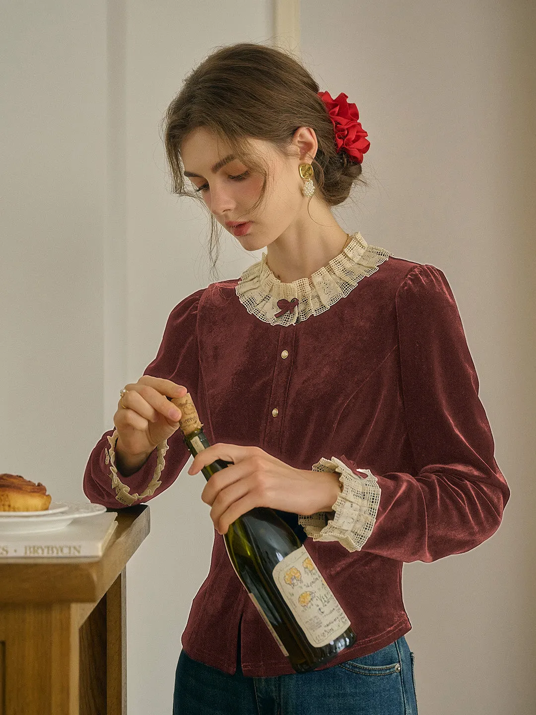 GarmentDyed Azaria Round Collar Contrasting Lace Panel Bow Velvet Top - Red