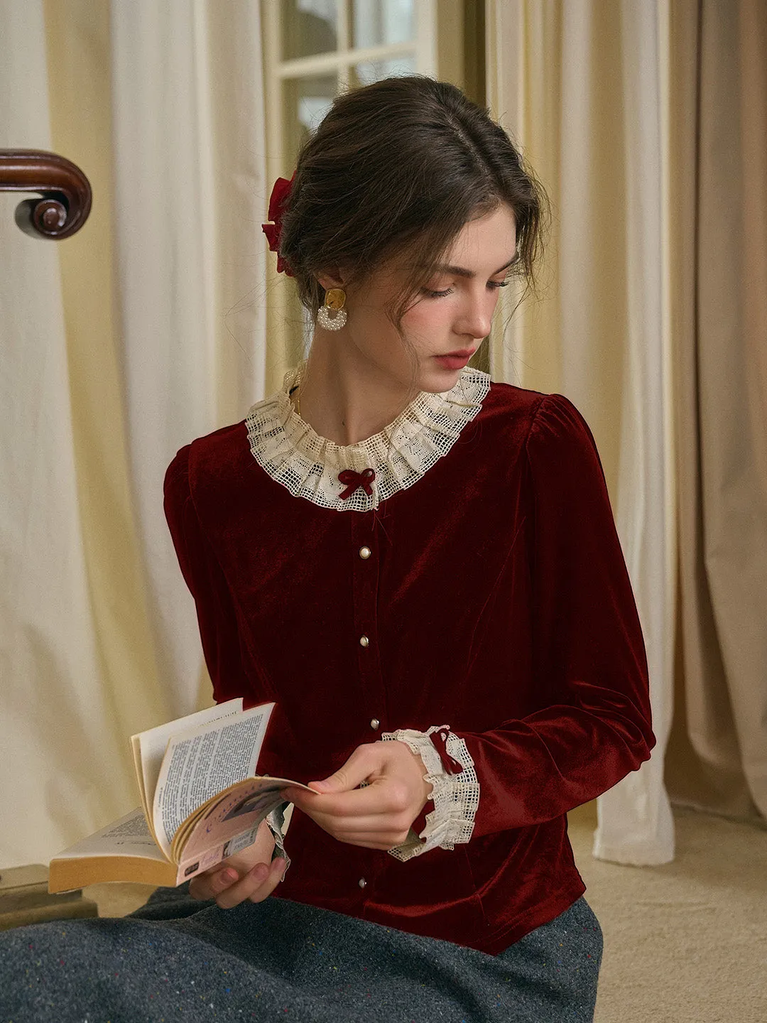 Hygroscopic Inner Layer Moisture wicking Azaria Round Collar Contrasting Lace Panel Bow Velvet Top - Red