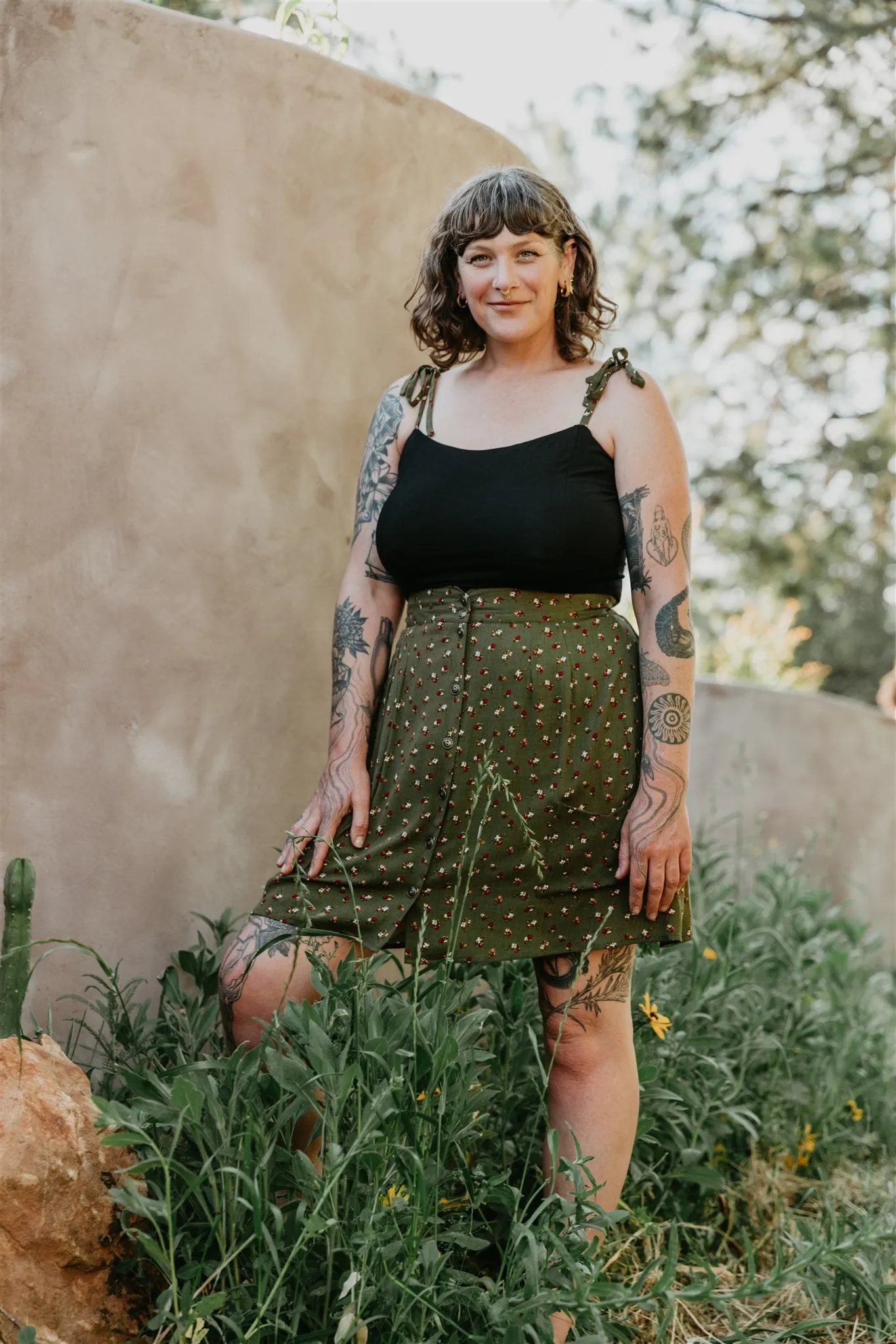 Rah Rah Skirt in Green Floral Calico Crepe Chic casual Trendy Comfort