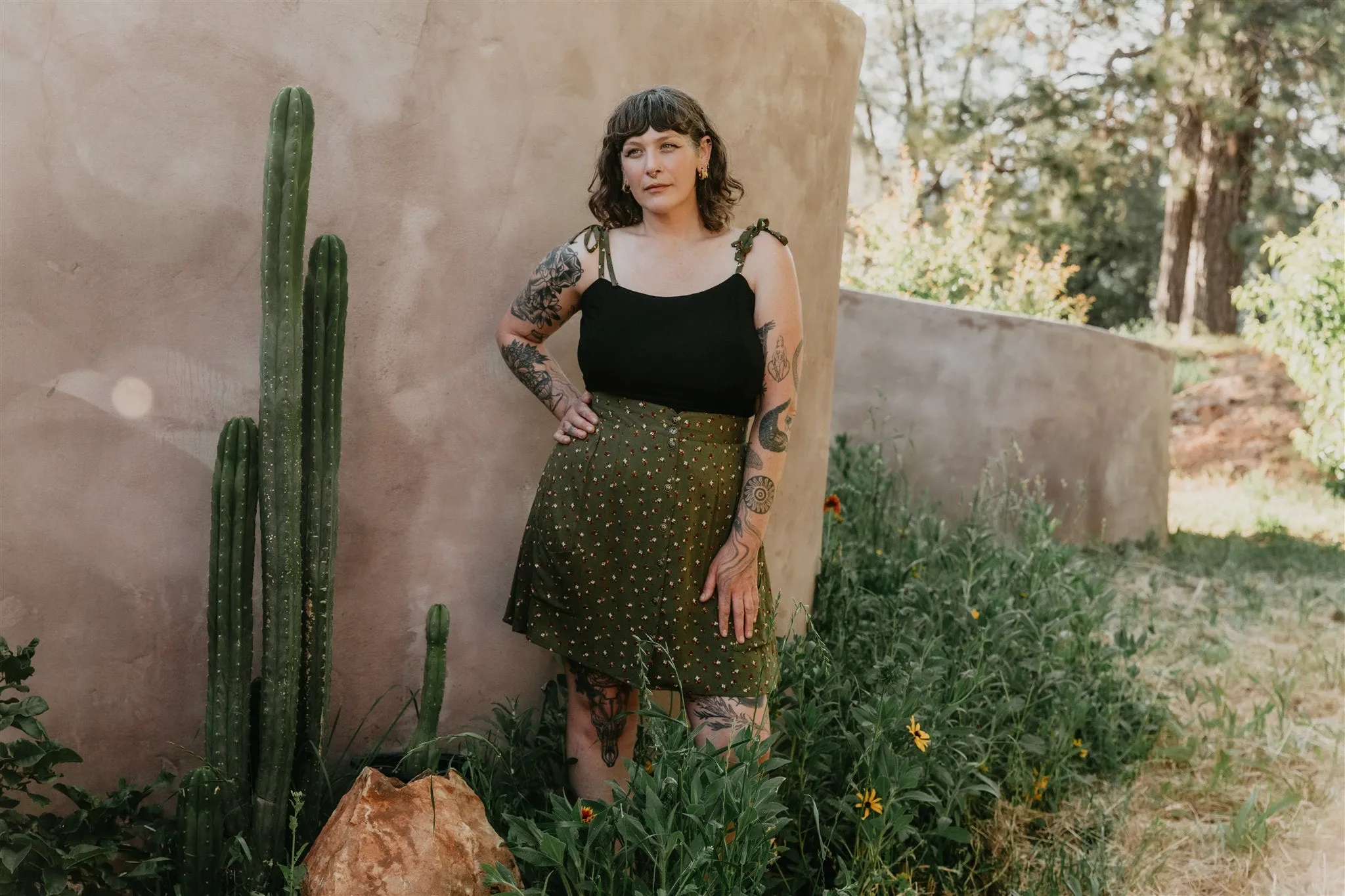 Rah Rah Skirt in Green Floral Calico Crepe Erasable Logo Patch