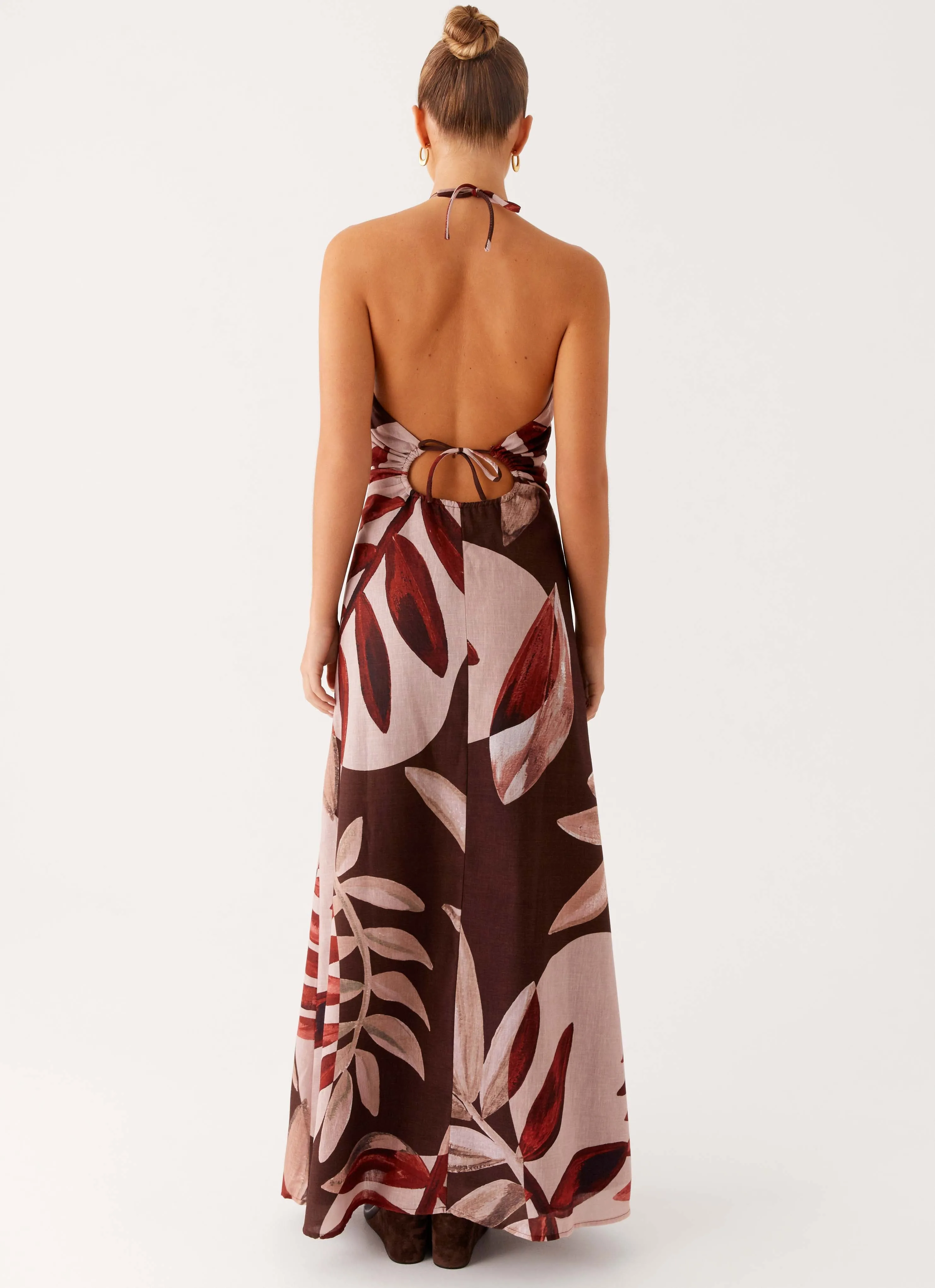 Open-back Fashionable Cut Ramona Linen Maxi Dress - Cinnamon Palm