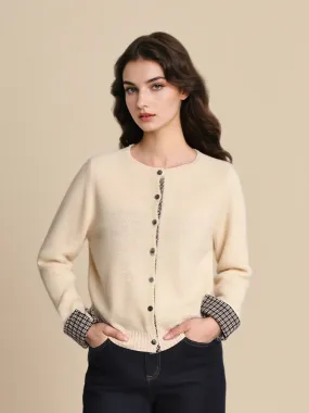 RibbedCollar Textured Fabric Finish Ariyah Round Neck Plaid 100% Wool Cardigan