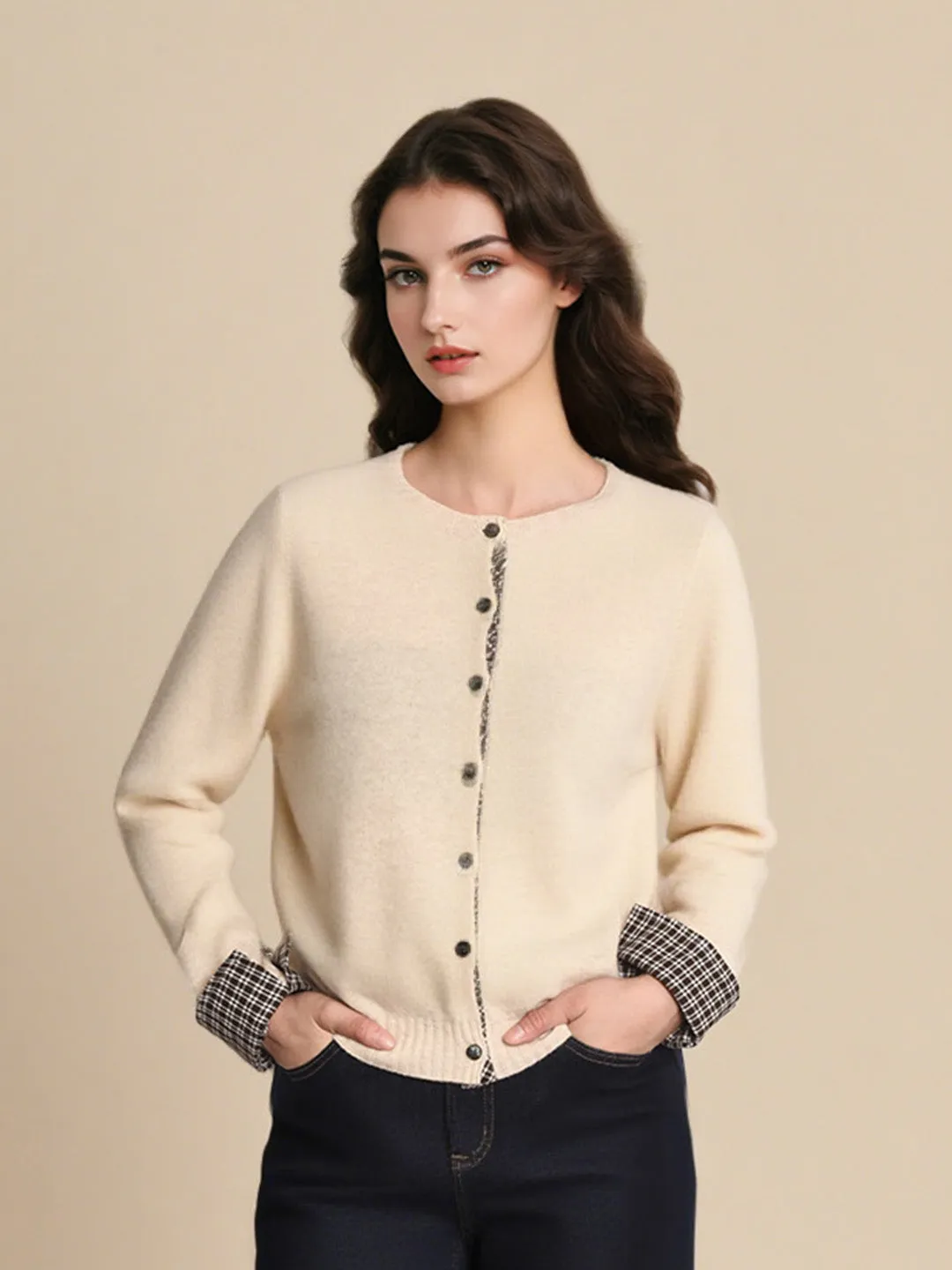 RibbedCollar Textured Fabric Finish Ariyah Round Neck Plaid 100% Wool Cardigan