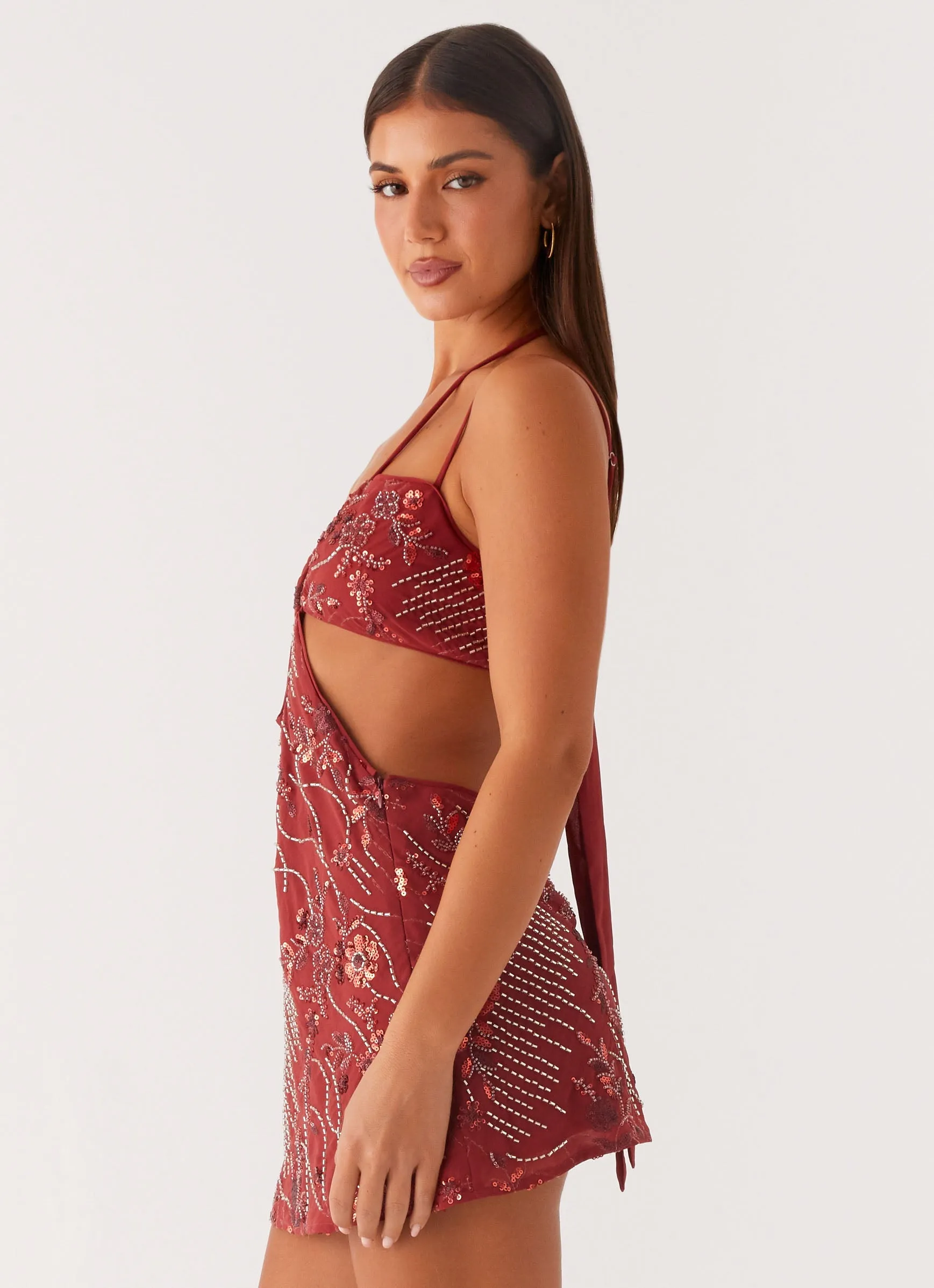 Bold Statement Artisanal Craft Sahara Nights Beaded Mini Dress - Rust