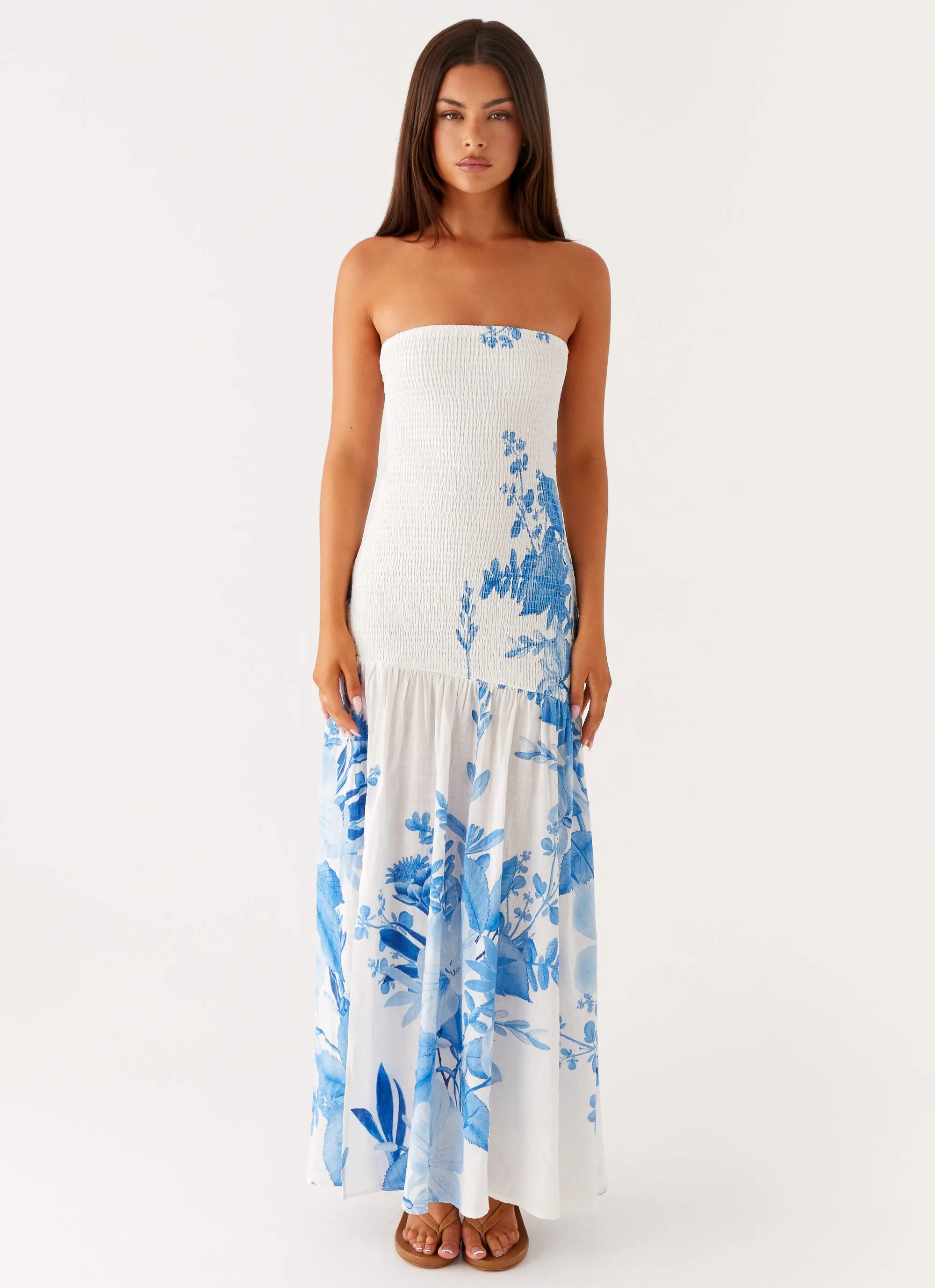 Winter Layering Feminine Movement Rebecca Maxi Dress - Blue Floral Print