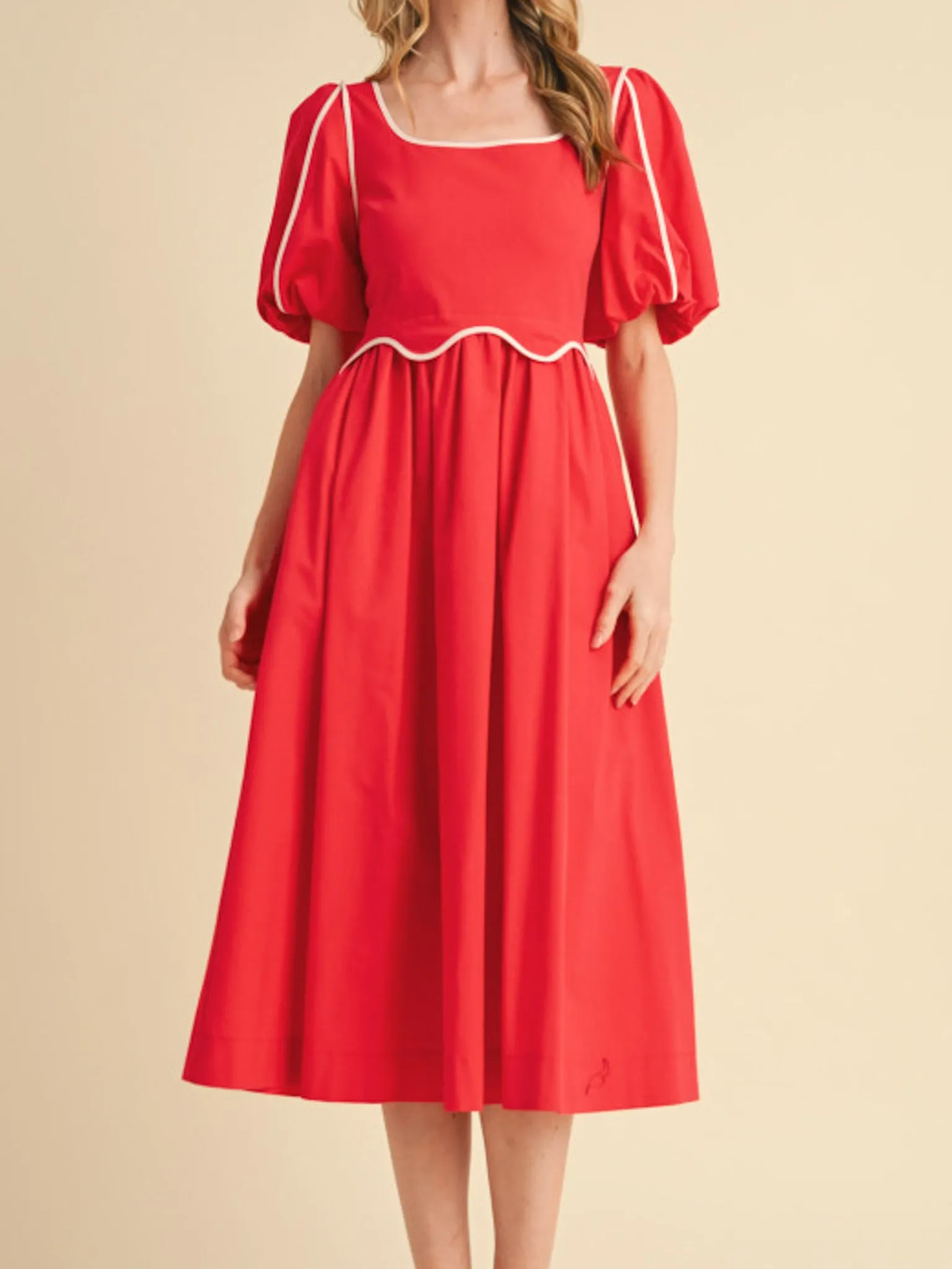 Light and Comfortable Classic structured dress Red Scallop Midi Dress
