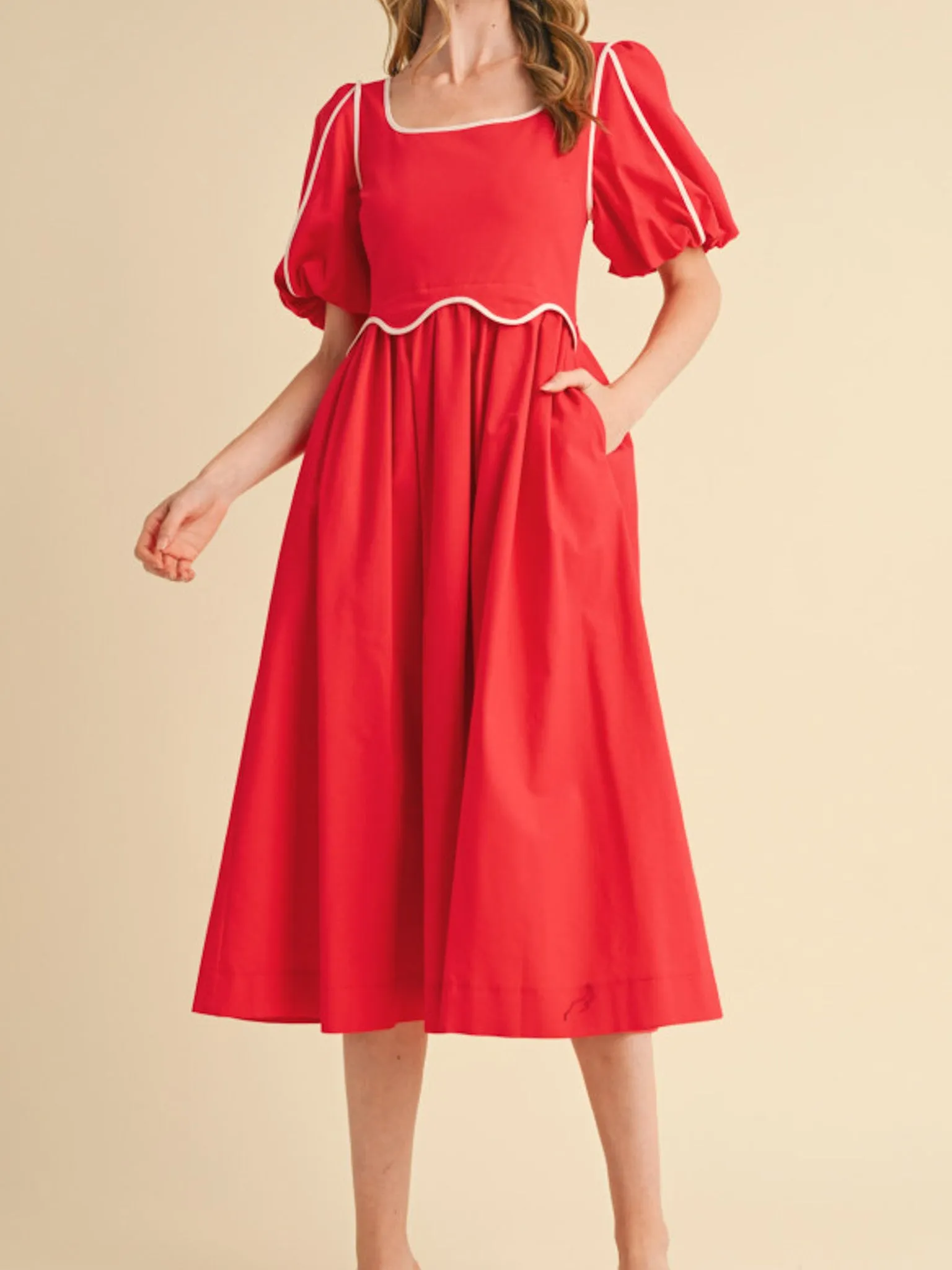 Red Scallop Midi Dress Poised Vibe