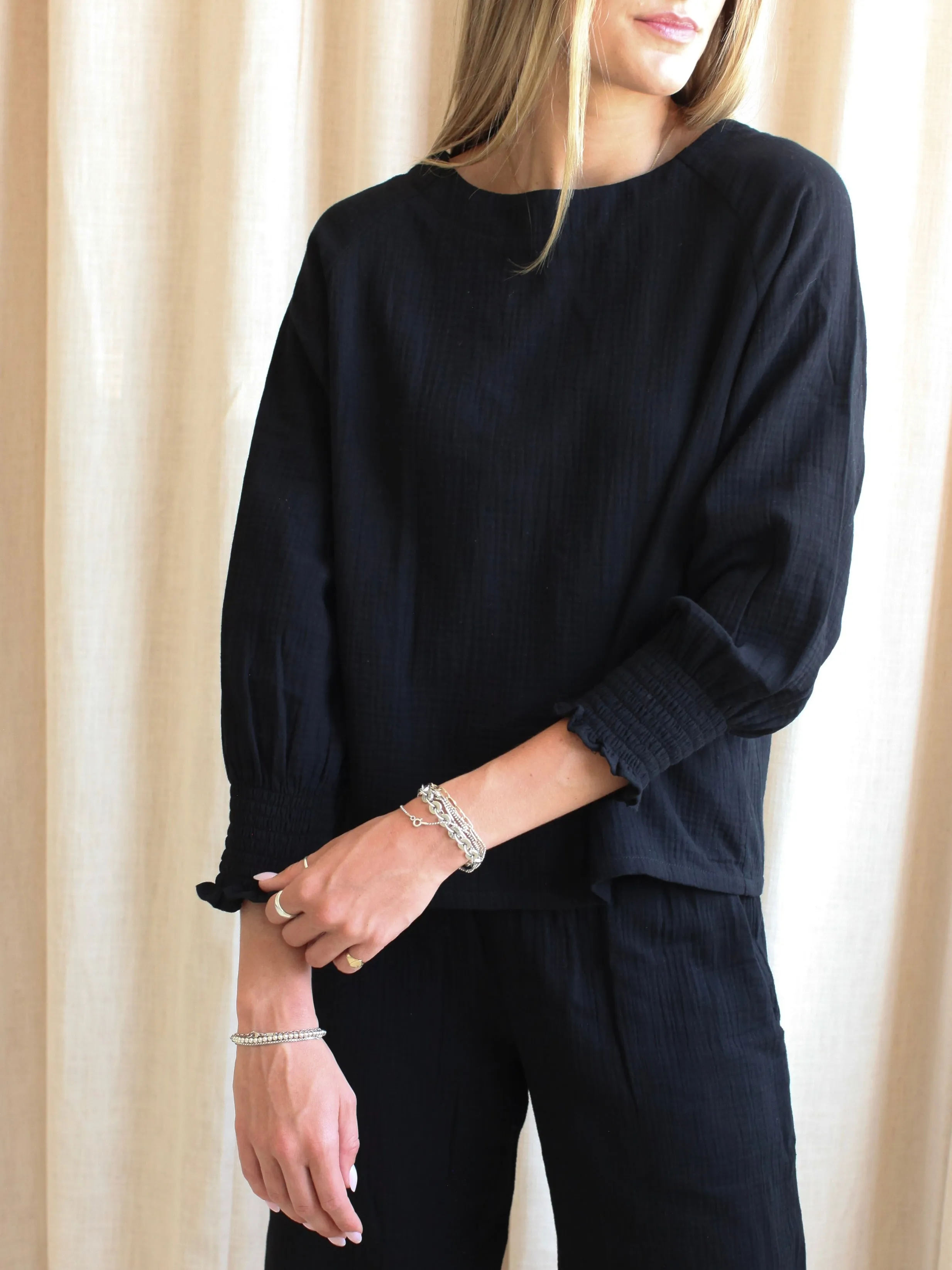 Zoe Peasant Blouse- Black Flexible Ribbed Cuffs