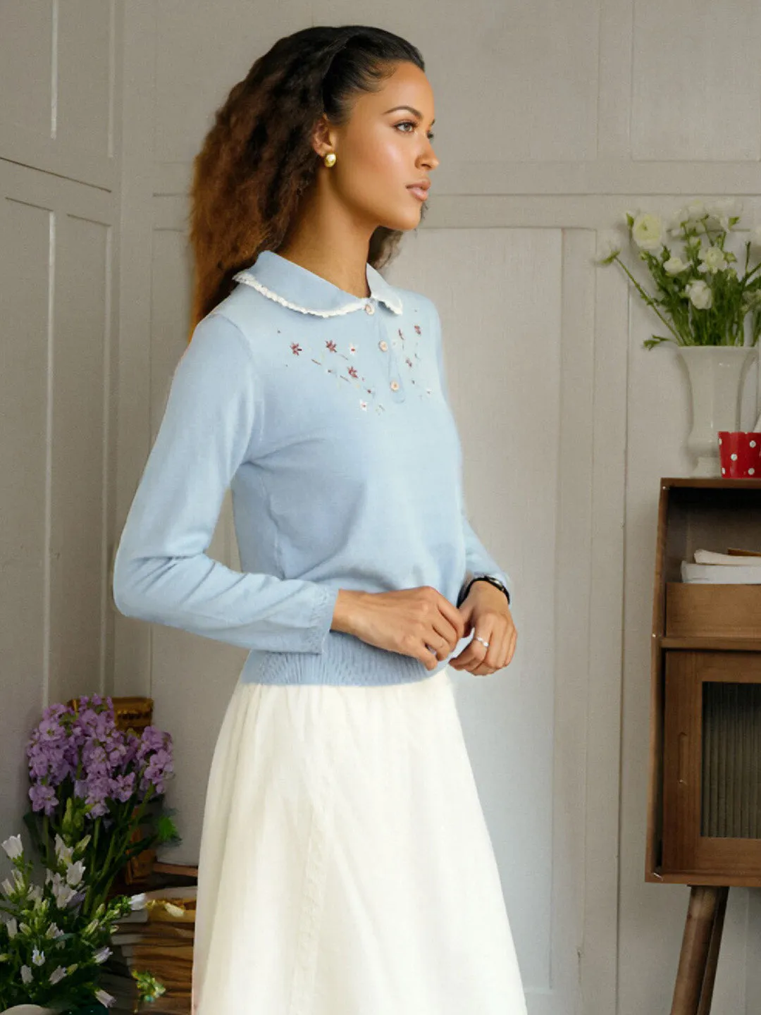 Flexible Ribbing Quick Access Zipper ??Final Sale??Martha Peter Pan Collar Embroidery Sweater