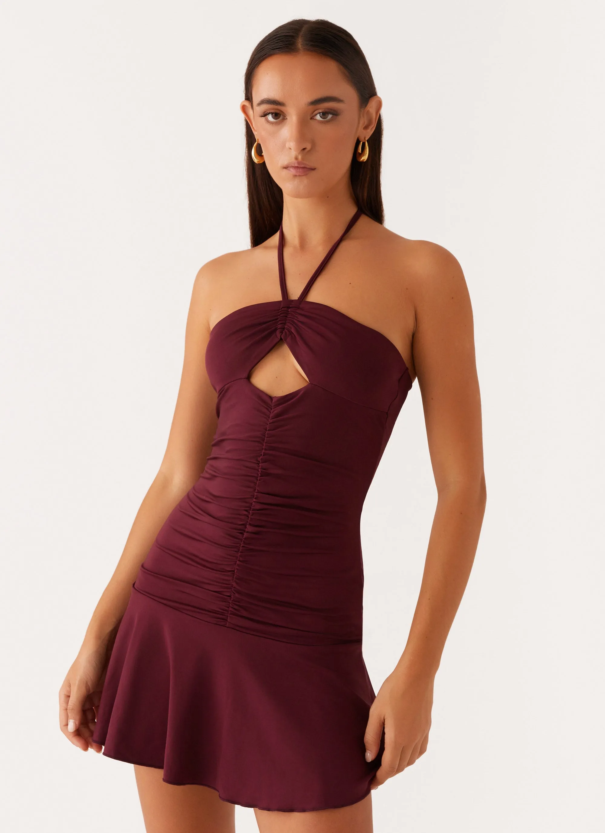 Katrina Halterneck Mini Dress - Deep Maroon High End Quality