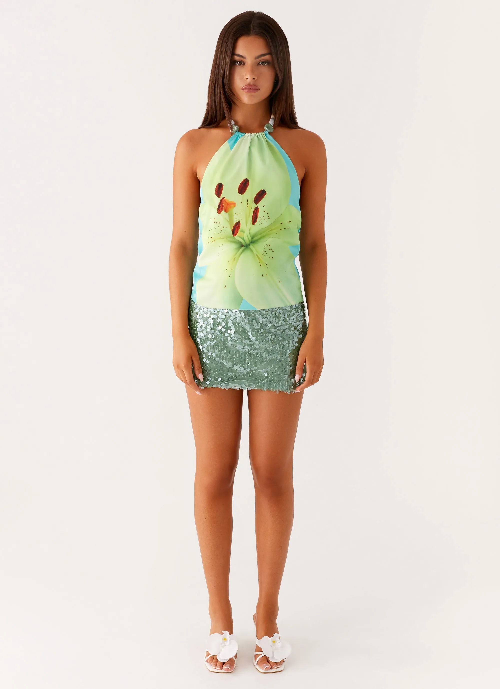 AntiFade Treatment Odor Resistant Technology Dalila Beaded Tie Back Top - Turquoise Floral