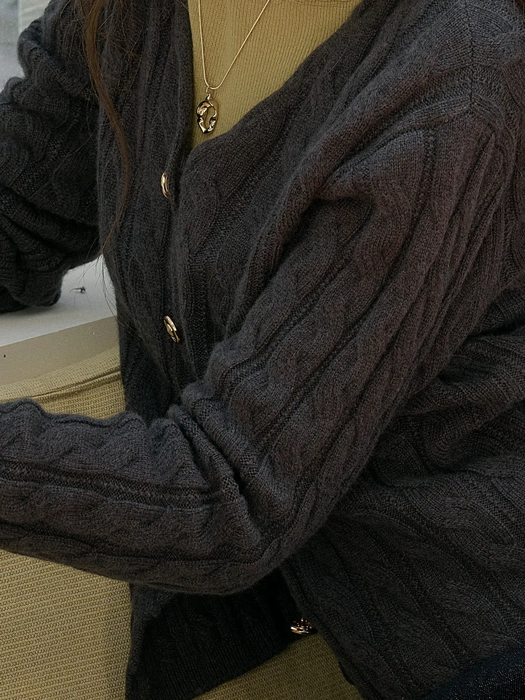 Aviana Versatile V-Neck 100% Wool Retro Cable-Knit Texture Sweater Cardigan Warm Hoodie Non Closure Collar