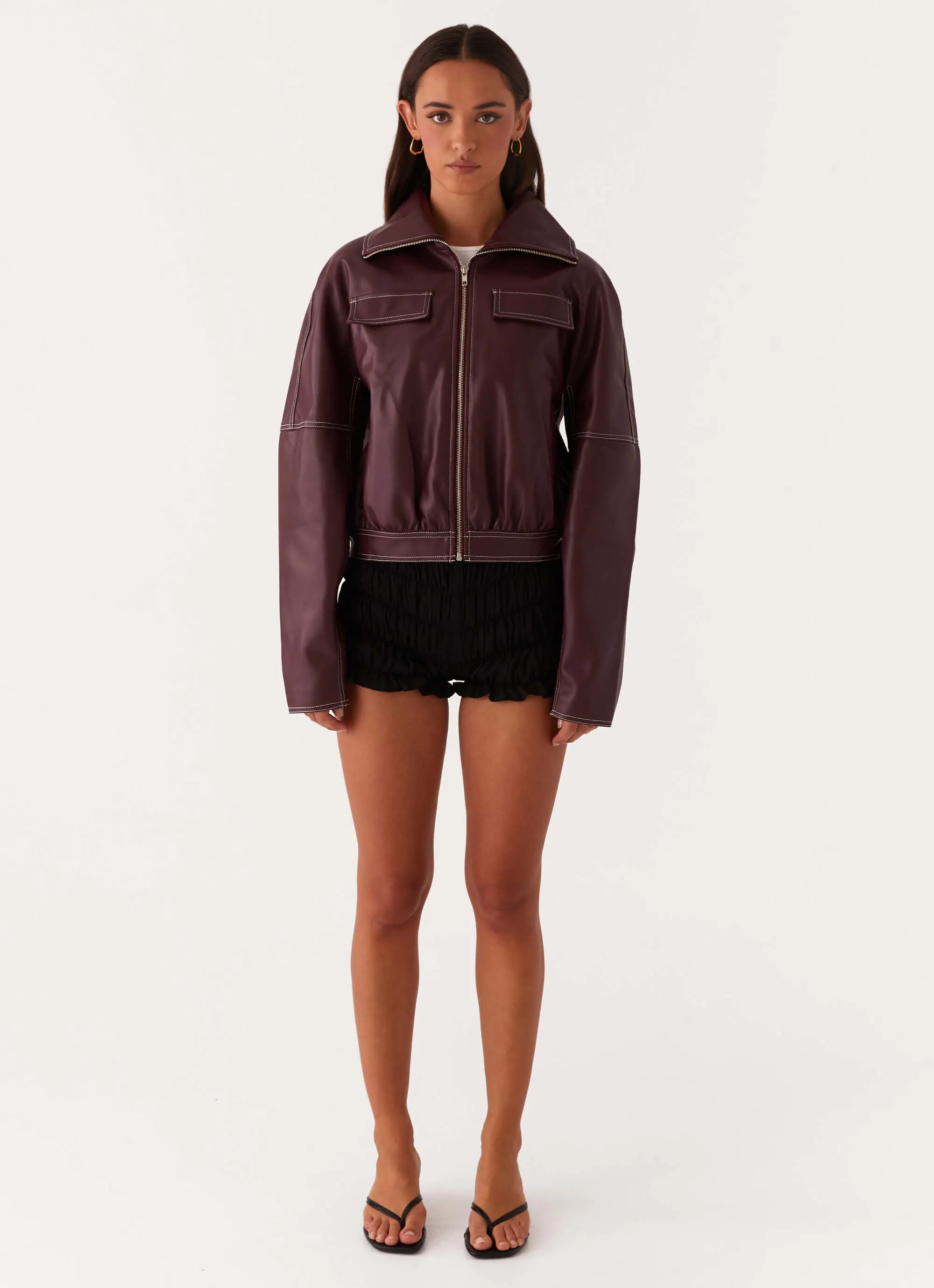 Diploma Meant To Be PU Boxy Jacket - Wine