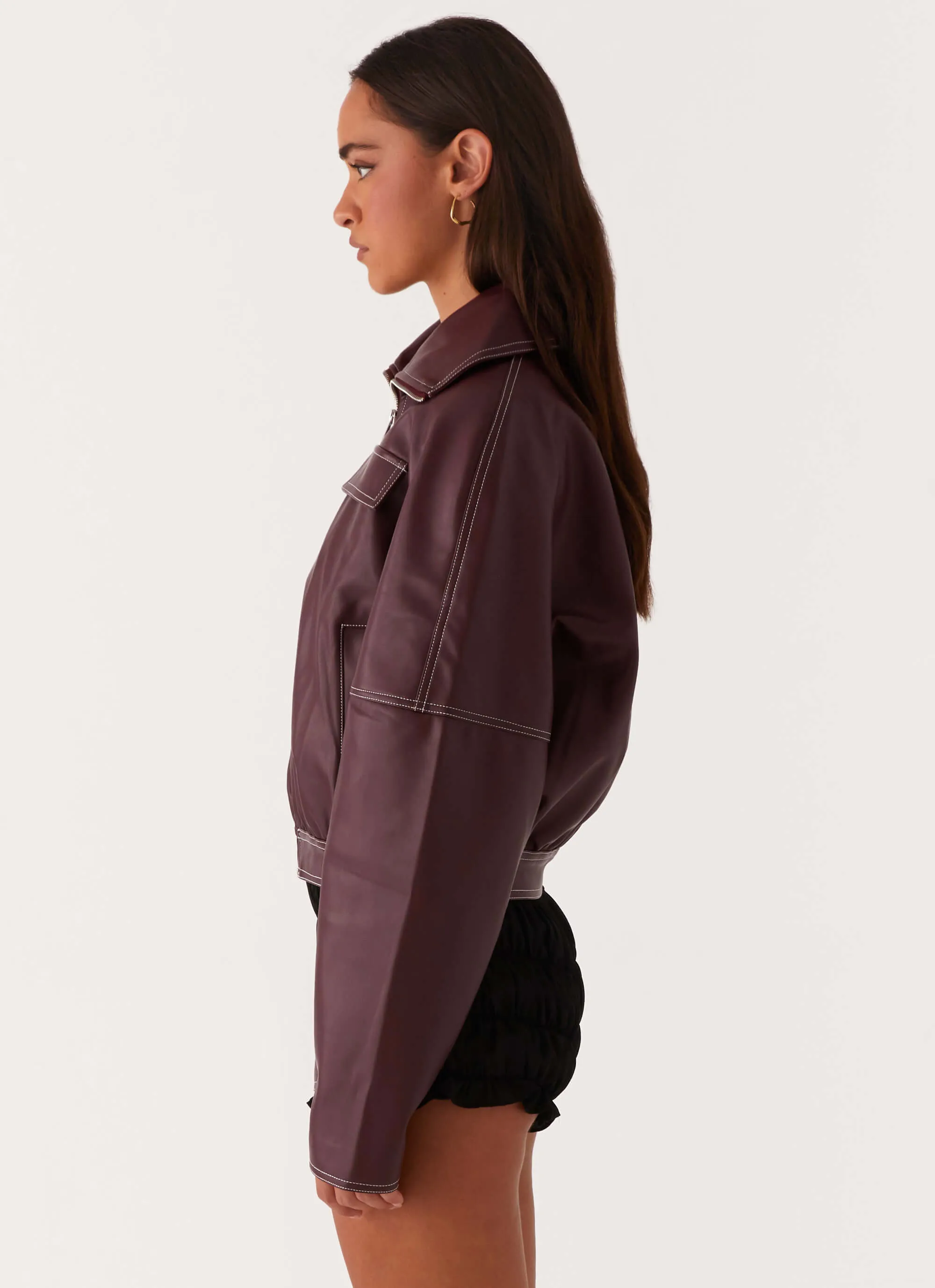 Meant To Be PU Boxy Jacket - Wine Convertible Collar