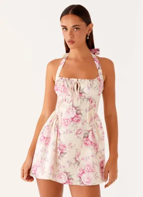 Rosalie Halter Mini Dress - Vintage Pink Floral Functional Fashion Comfy Fit