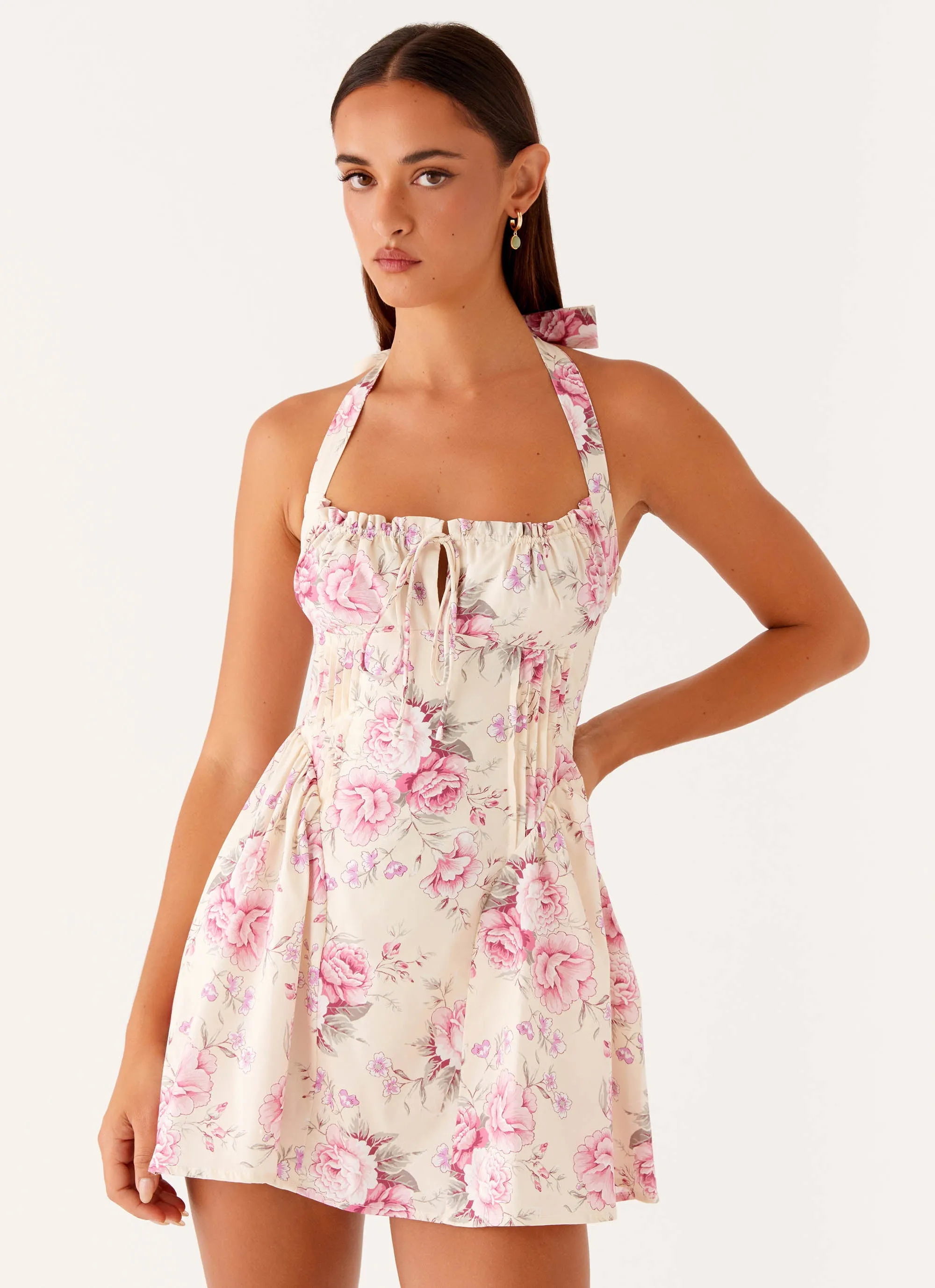 Rosalie Halter Mini Dress - Vintage Pink Floral Machine washable