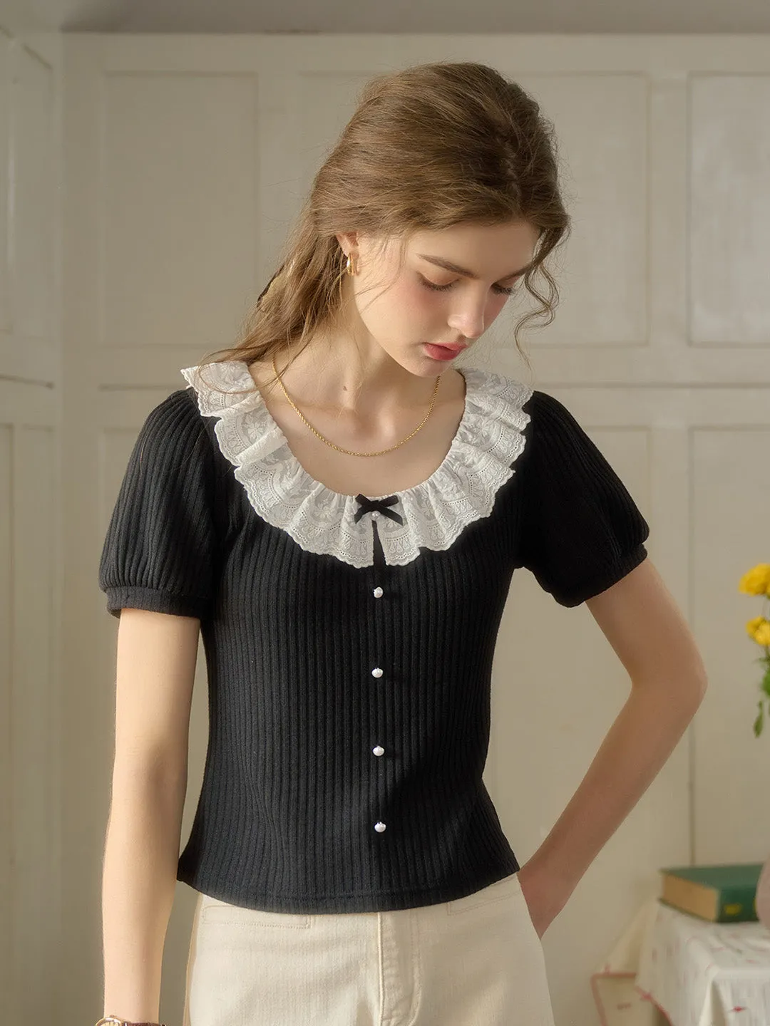 HighDensity Weave DoubleLayeredCollar ??Final Sale??Ella Peter Pan Collar Bow Blouse