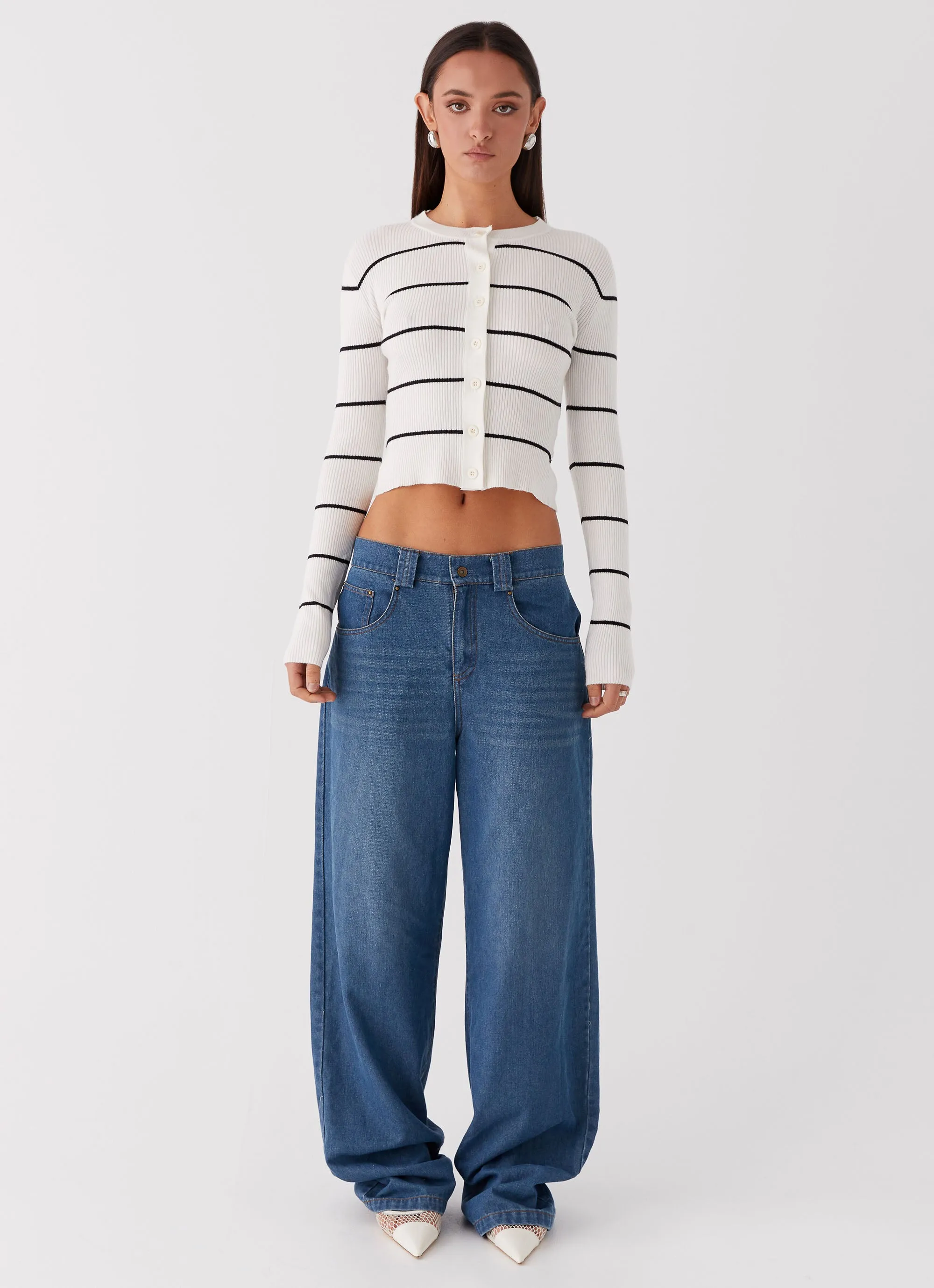 Kaylee Fitted Cardigan - White Stripe Fringe Detail Noise Reducing Hardware