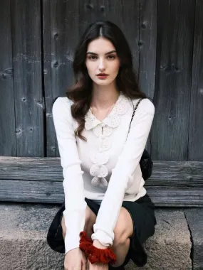 DurableStitching Adjustable drawstring Jennifer Ruffle Collar Crochet Cardigan