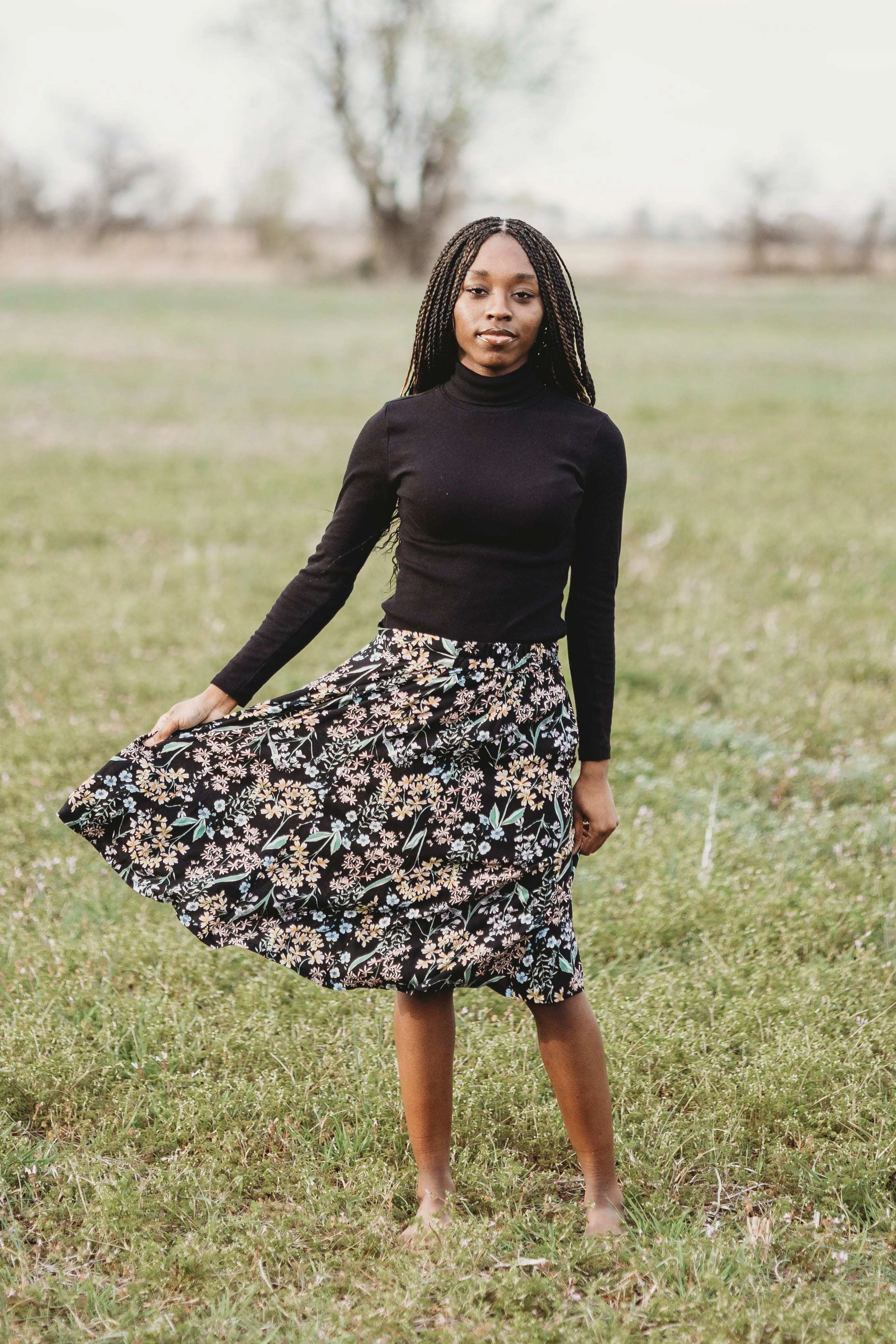 Bae Skirt in Black Herbal Challis Metallic accents Stretchable Wear