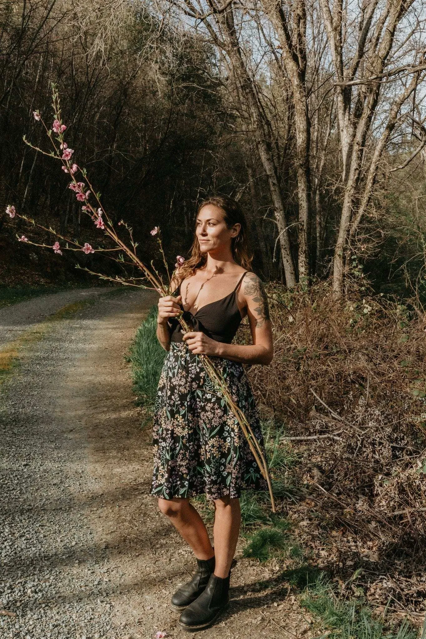 Bae Skirt in Black Herbal Challis Compression Support Lining Structured Hemline