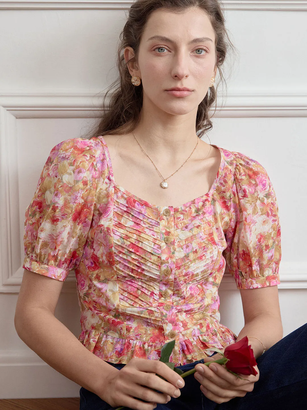 ??Final Sale??Katalina Floral Print Ruched Front Ruffle Hem Blouse Relaxed Look