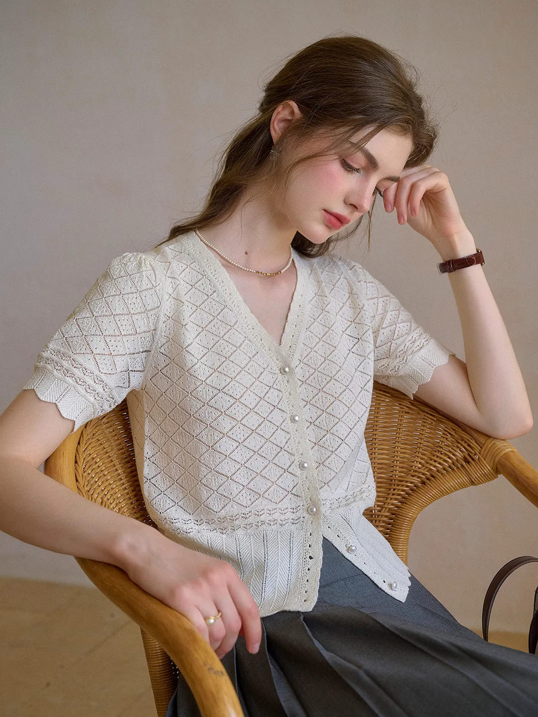 Lucia V-Neck Hollow Cotton Cardigan Breathable Mesh Insert ComfortStretch