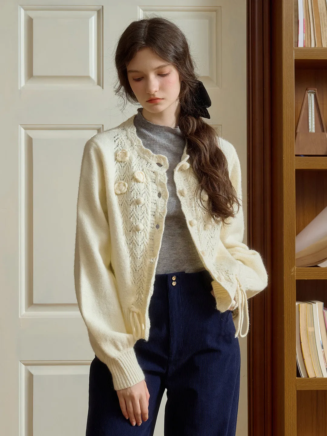 Monica Wave Collar Hollow 3D Crochet Flowers & Pompom Lace-Up Sweater Cardigan Durable Reinforced Elbows