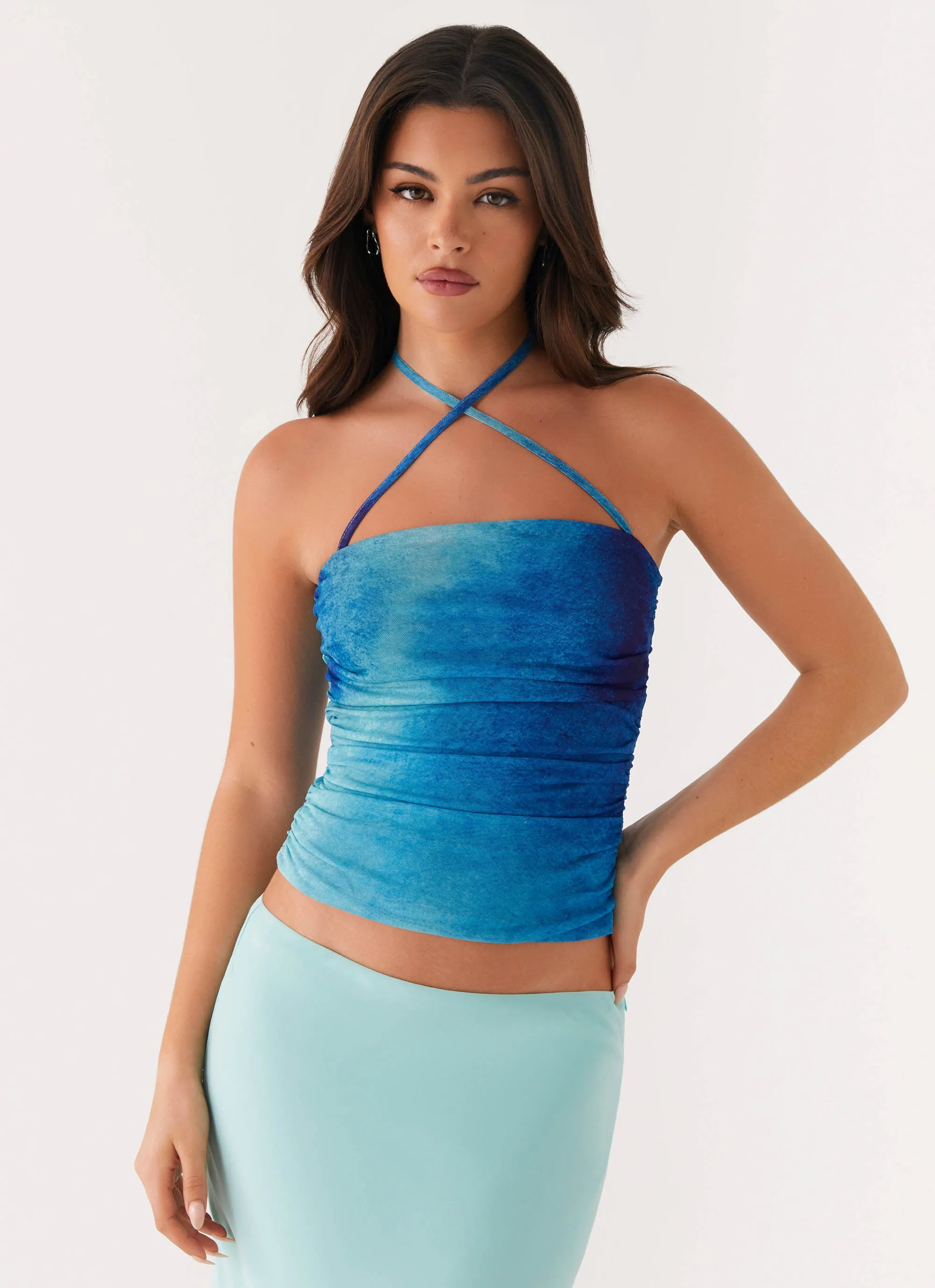 Rubberized grip Hidden Pocket Remedy Halter Top - Blue Tie Dye