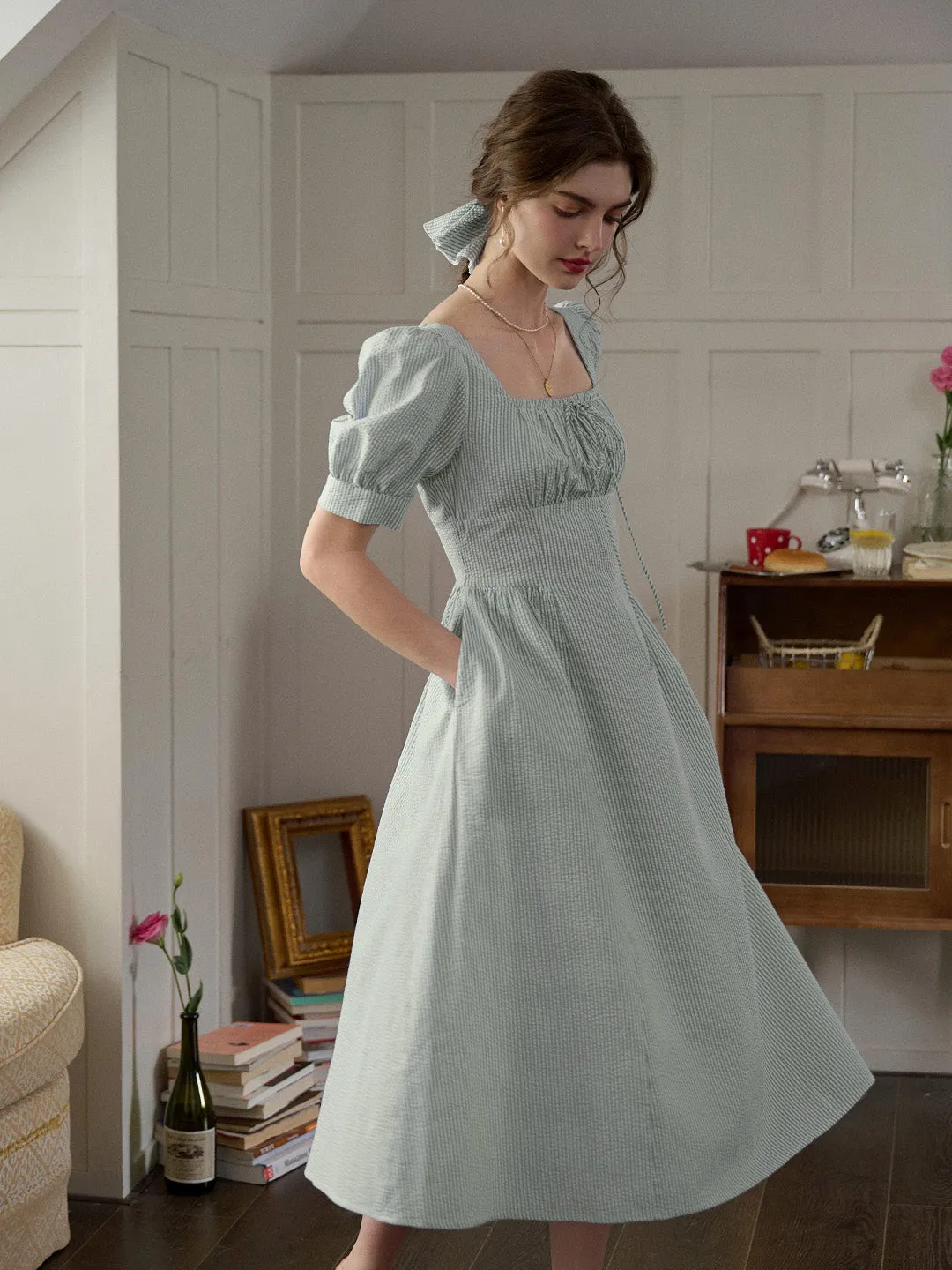 Minimal Details Remi Square Neck Stripe Cotton Dress