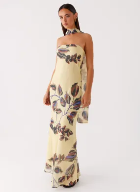 Versatile Look Under The Pagoda Maxi Dress - Buttercream Leaf Print