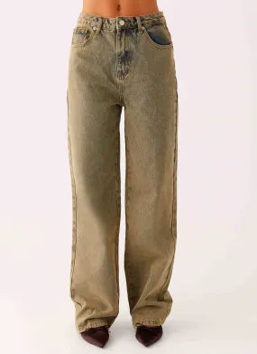 Back Again Straight Leg Denim Jeans - Brown Sand Wash Bold Earthy