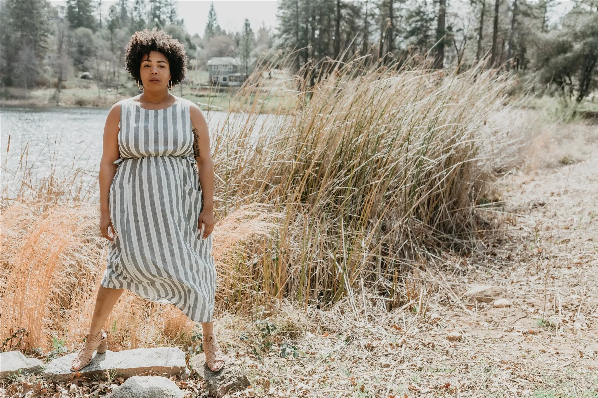 Rhiannon Dress in Stone Stripe Fresh Motion Luxe Wear