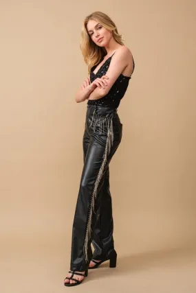 Rhinestone Fringe Leather Pants Cozy Fit