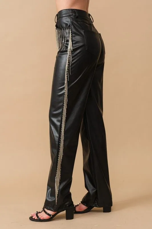 Flexible Seam Rhinestone Fringe Leather Pants