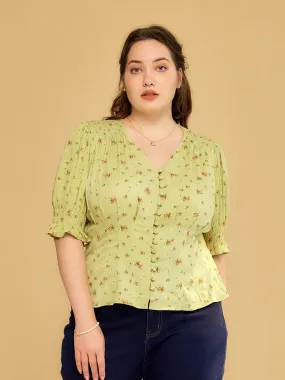 PuckerFree Surface ??Final Sale??Blessing V-Neck Floral Puff Sleeves Top
