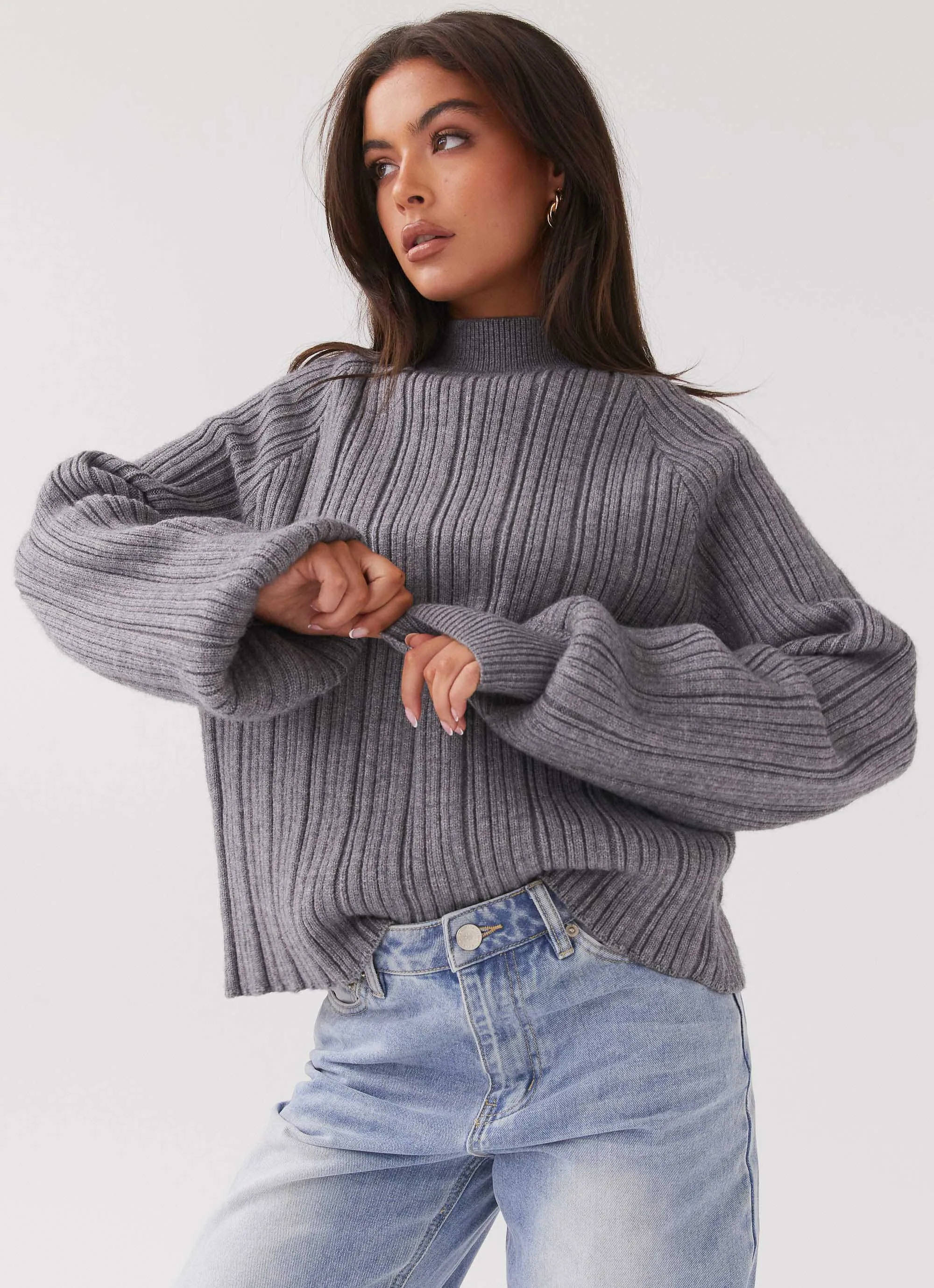 Bonded Fabric Stylish Basics Riley Knit Sweater - Storm Grey