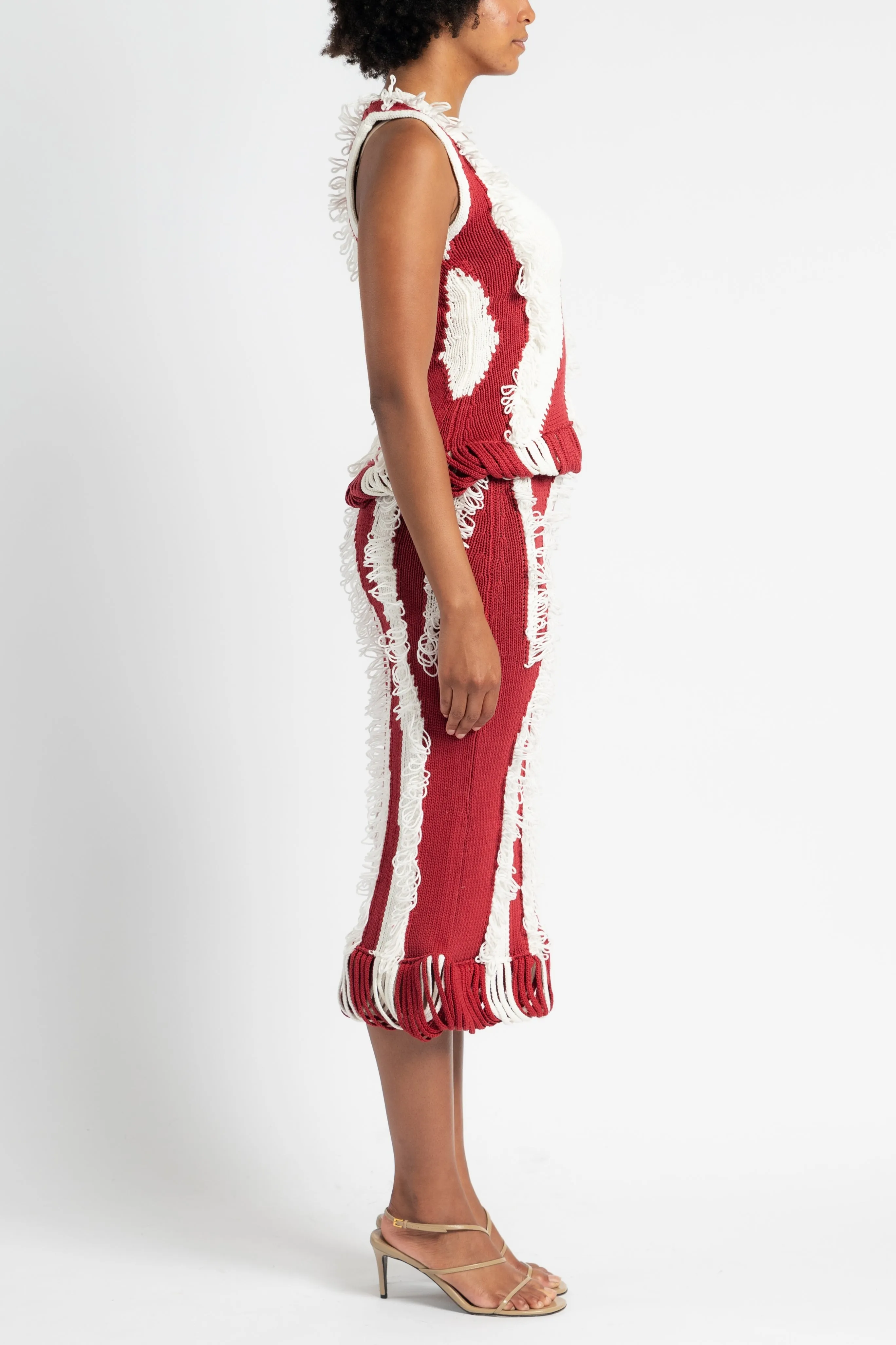 Roaring Fringe Knit Top in Red Relaxed Design