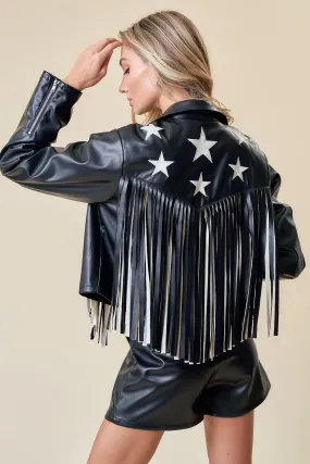 Eco Friendly Dyed Fabric Rodeo Star Faux Leather Fringe Jacket