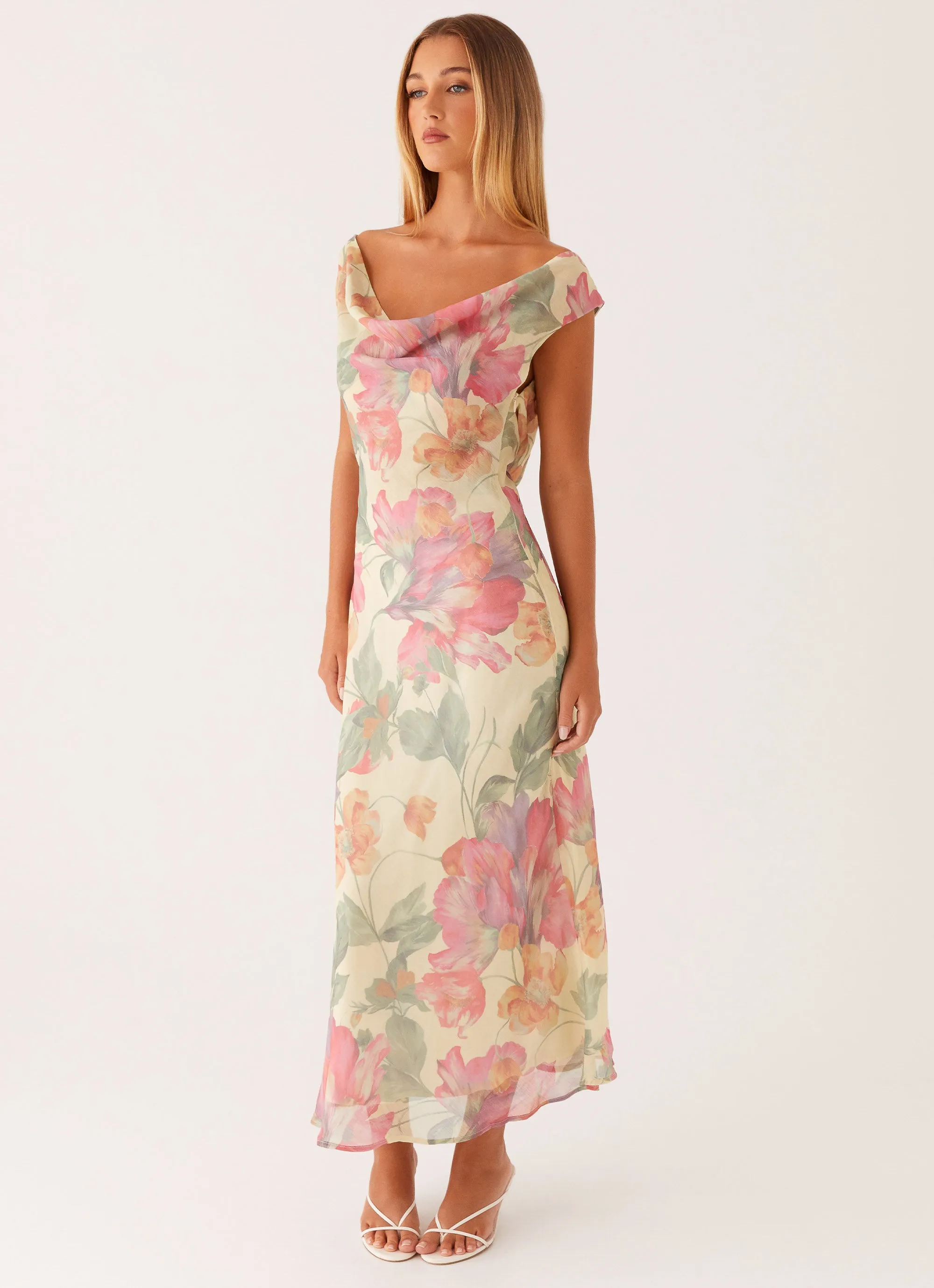 V Neckline Satin-Edge Role Model Maxi Dress - Yellow Peony