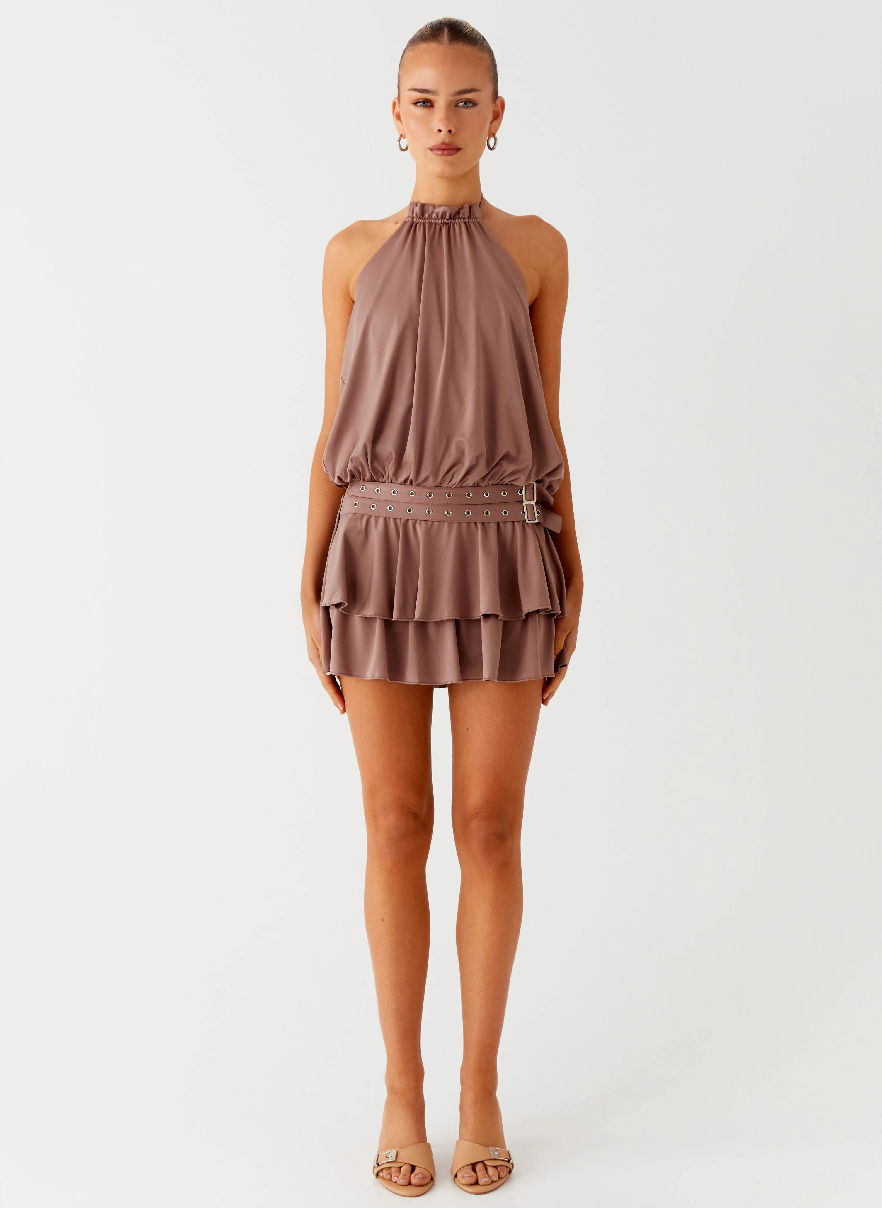 Sophisticated Mood Multi Purpose Fabric Dopamine Belt Mini Dress - Taupe