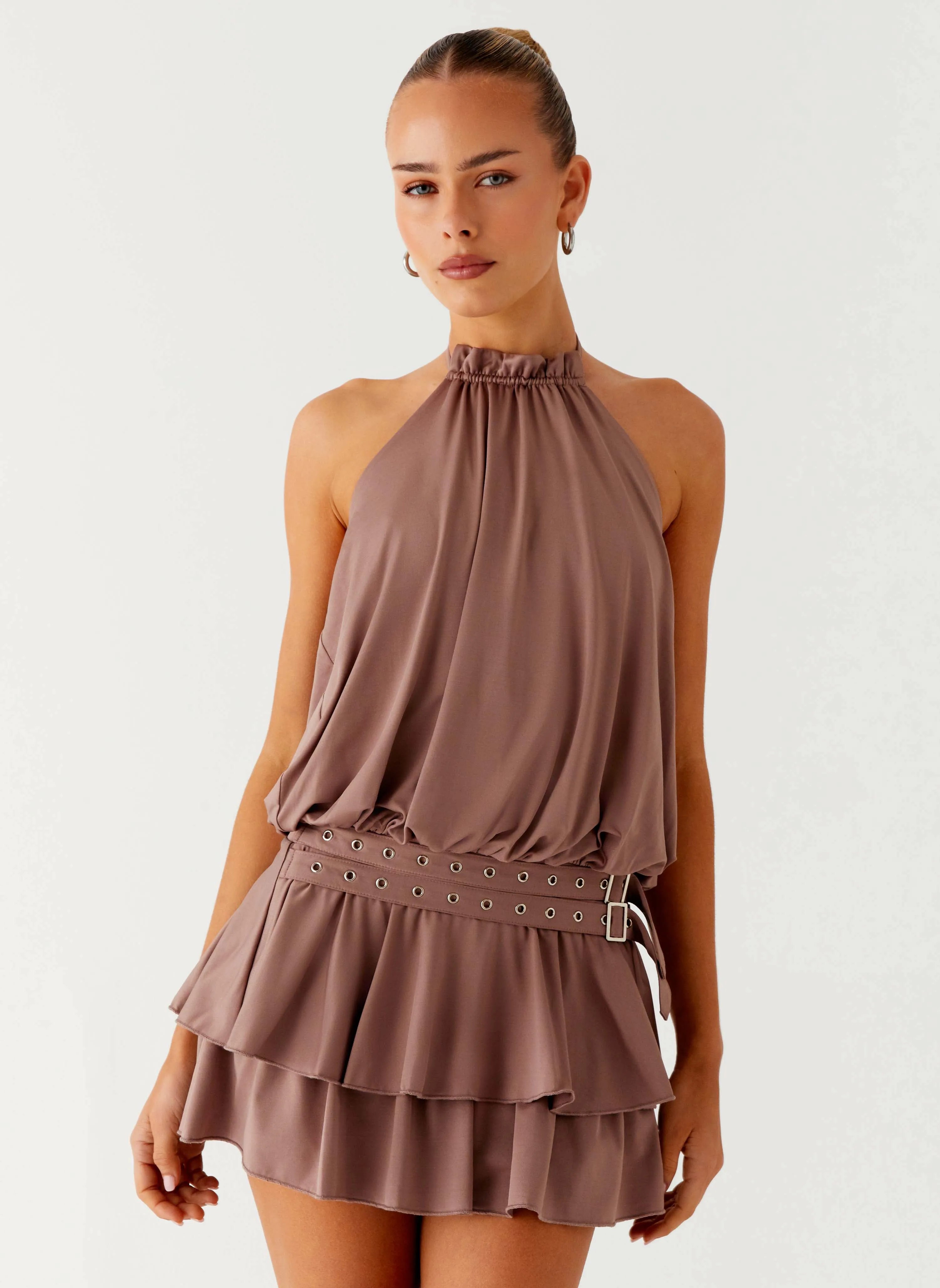 All-season garment Subtle Stitch Dopamine Belt Mini Dress - Taupe