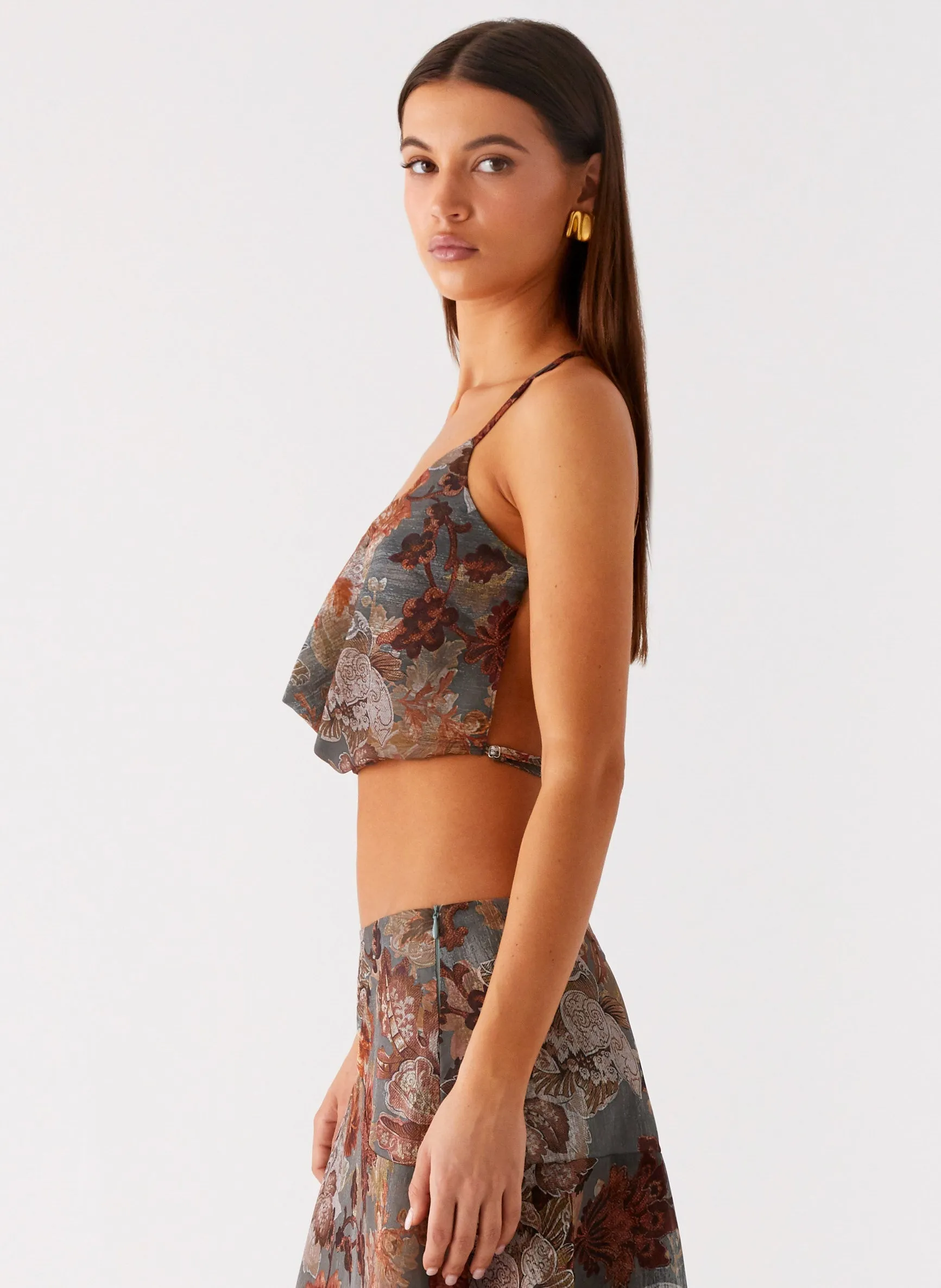 Silicone Grip Interior Thermal Regulation System Rosewood Cowl Top - Vintage Blossom