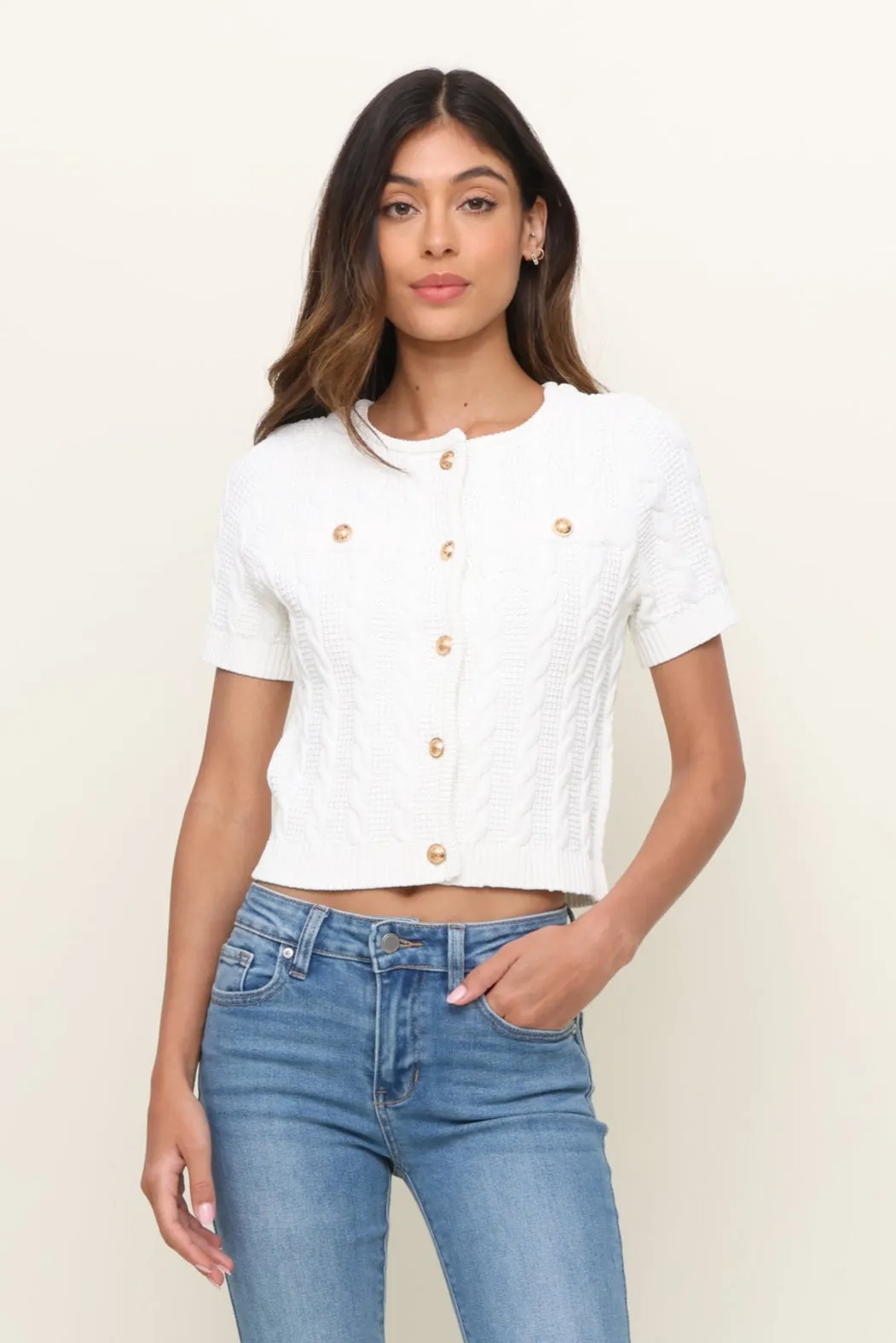 Short Sleeve Cable Knit Sweater LowProfile Stitching Wearable Basic