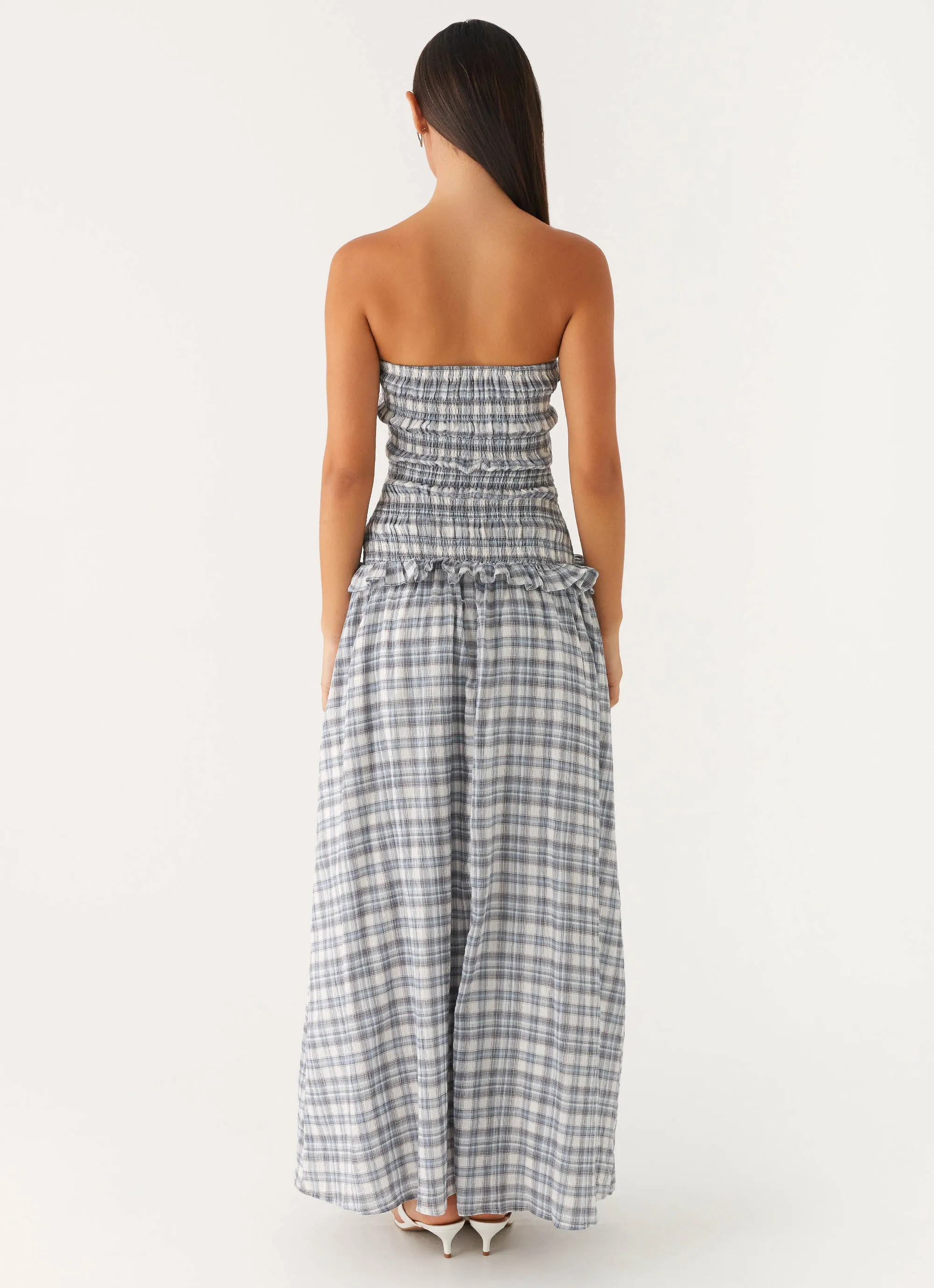 Malia Shirred Maxi Dress - Blue Grey Check boho vibe Relaxed Fit Look