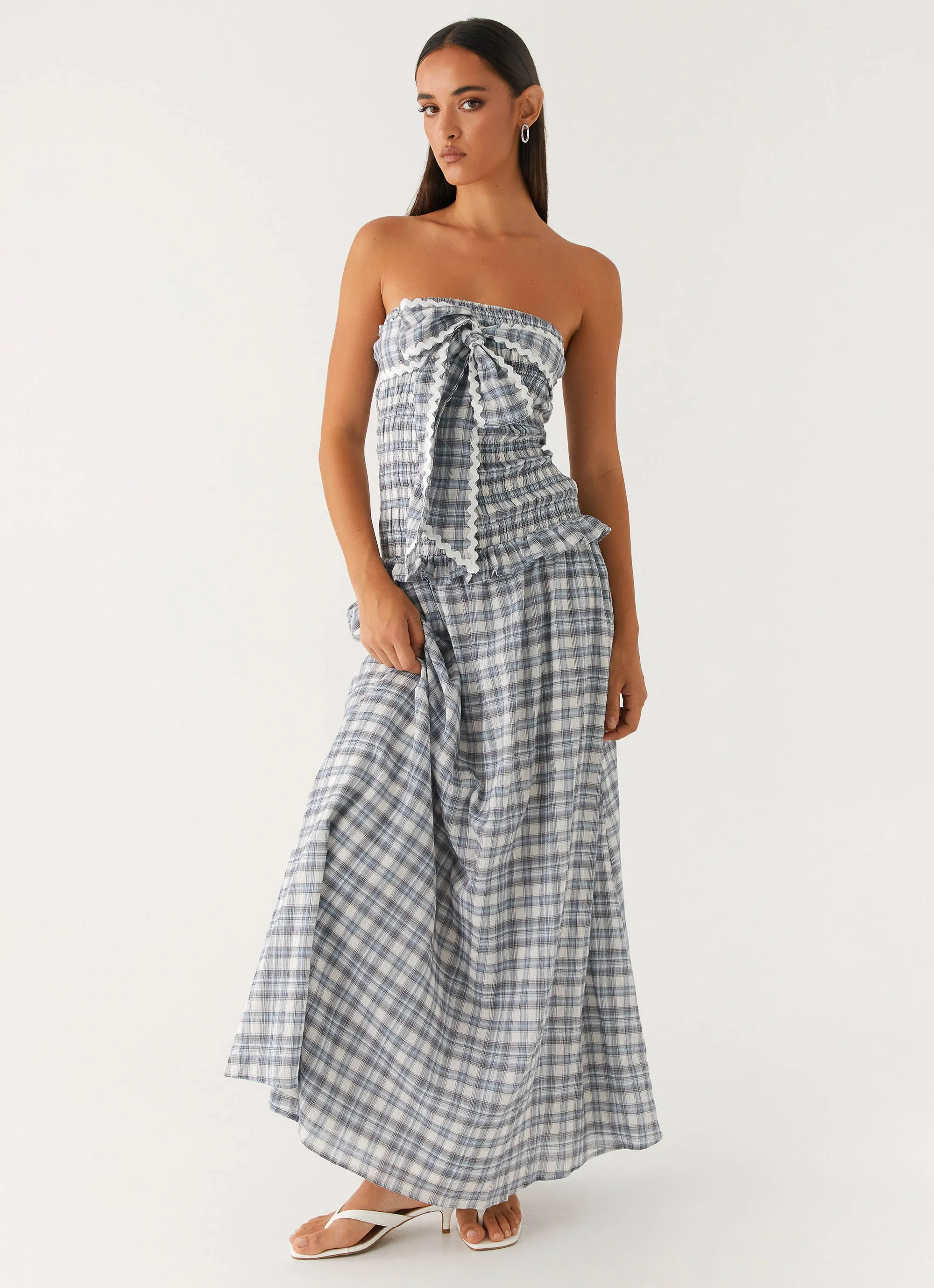Malia Shirred Maxi Dress - Blue Grey Check Street-Style Sharp Edge