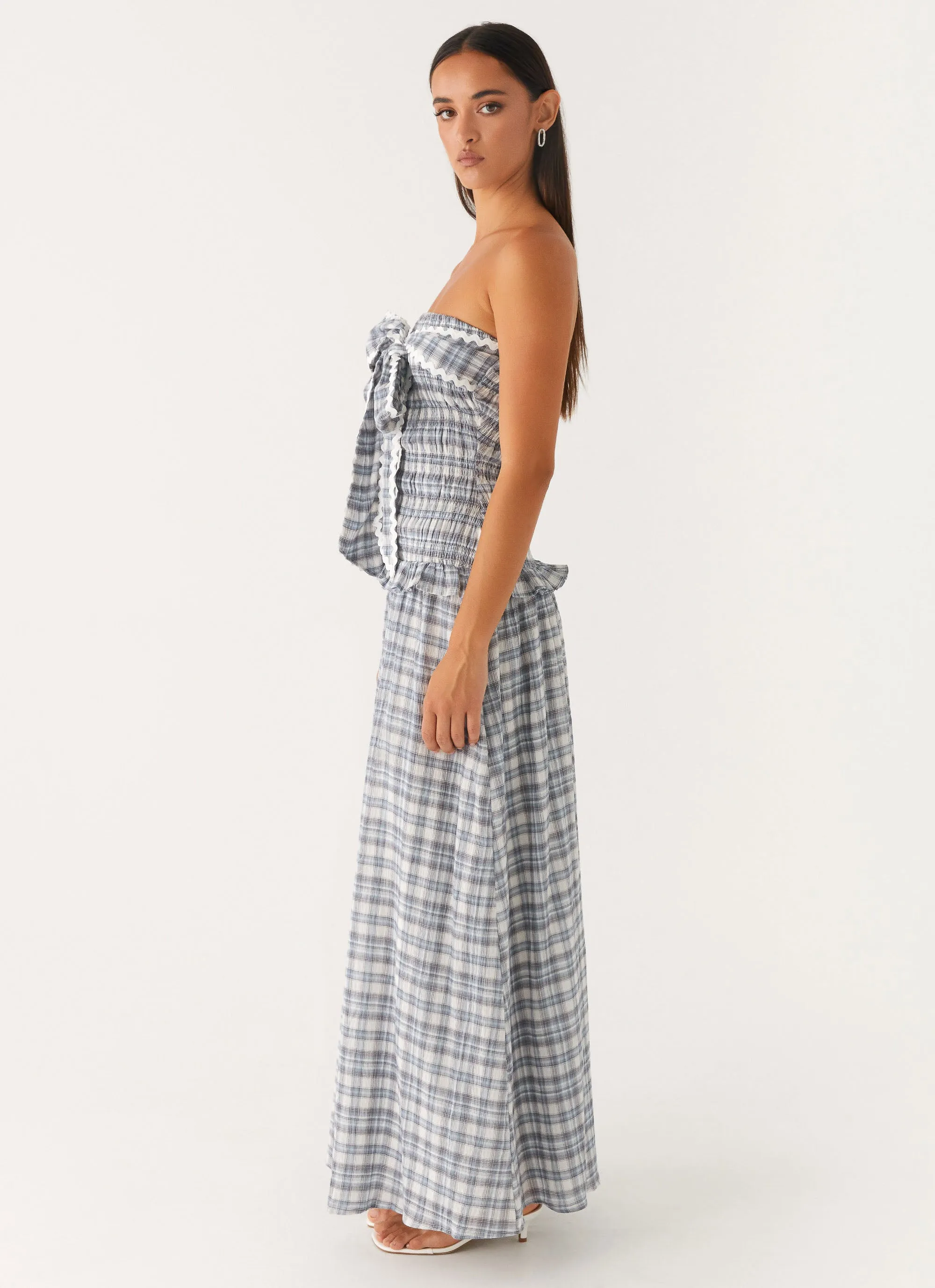 Malia Shirred Maxi Dress - Blue Grey Check Perfect for Layering