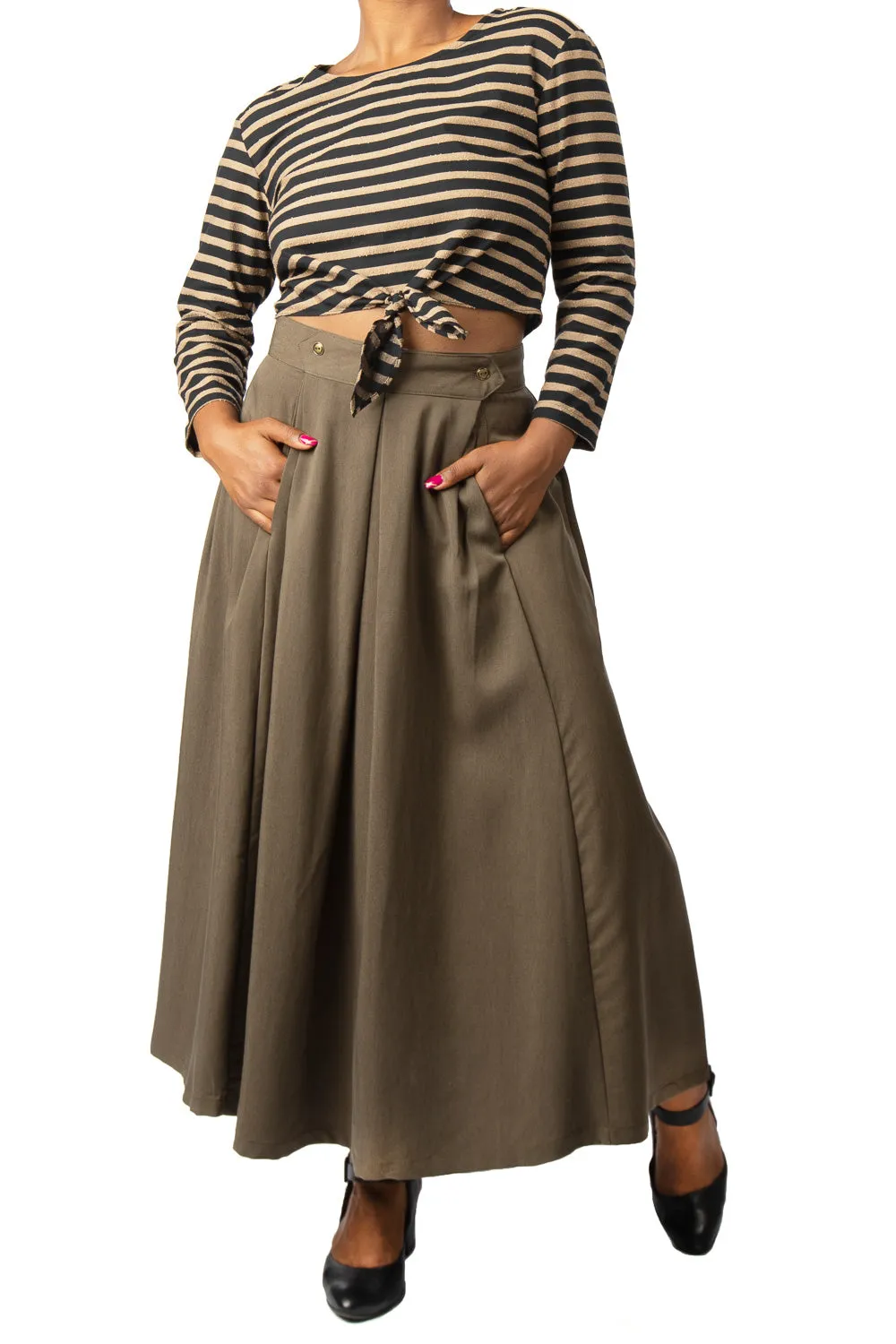 Rue Skirt in Olive Tencel Anti Cling Finish Quick Cool